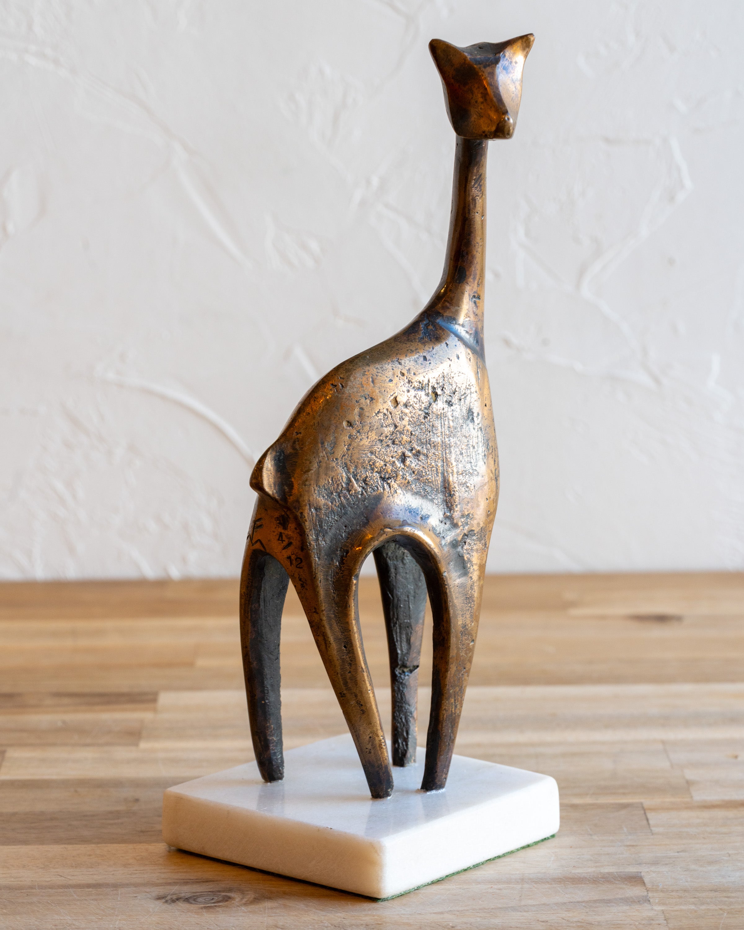 Modernist Figural Giraffe Sculpture Patinated Bronze with Marble Base