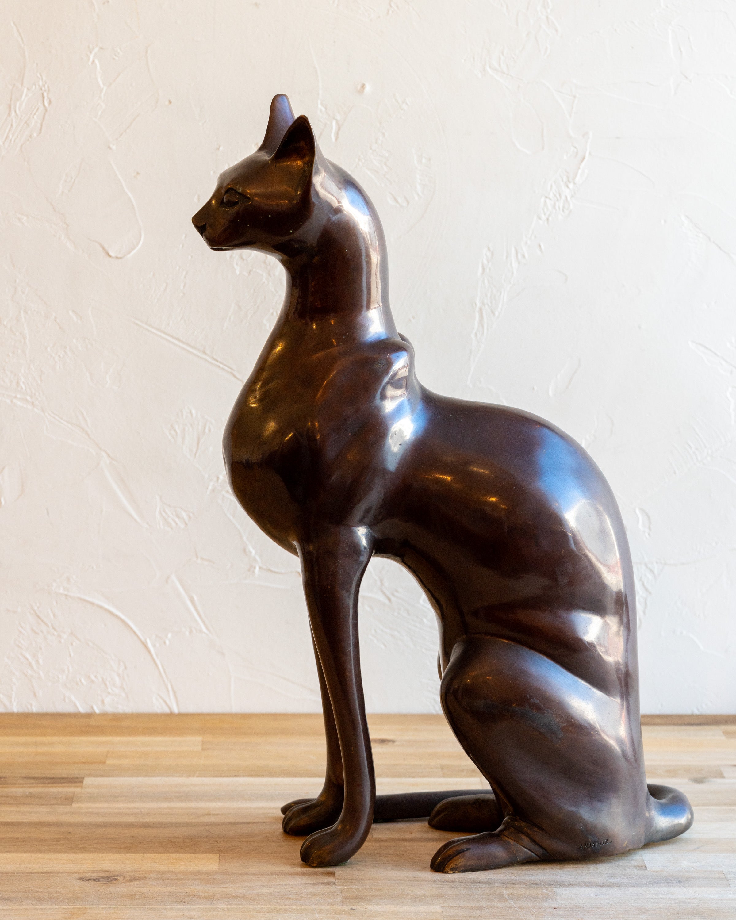 Bronze Seated Cat Sculpture in Egyptian Style- Signed