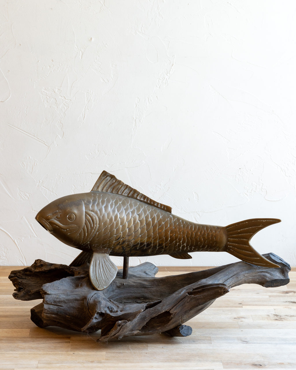 Vintage Brass Koi Fish on Driftwood Base