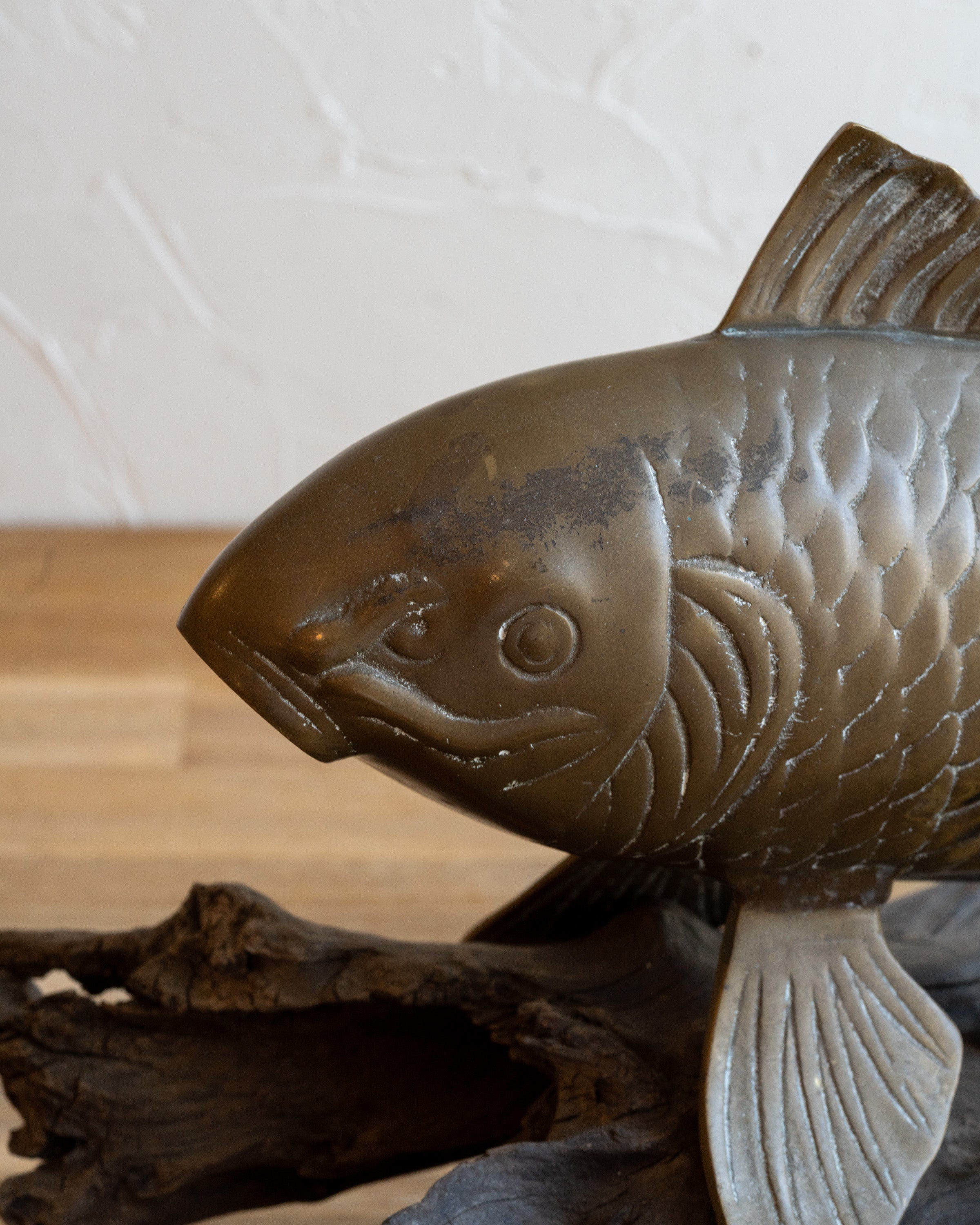 Vintage Brass Koi Fish on Driftwood Base
