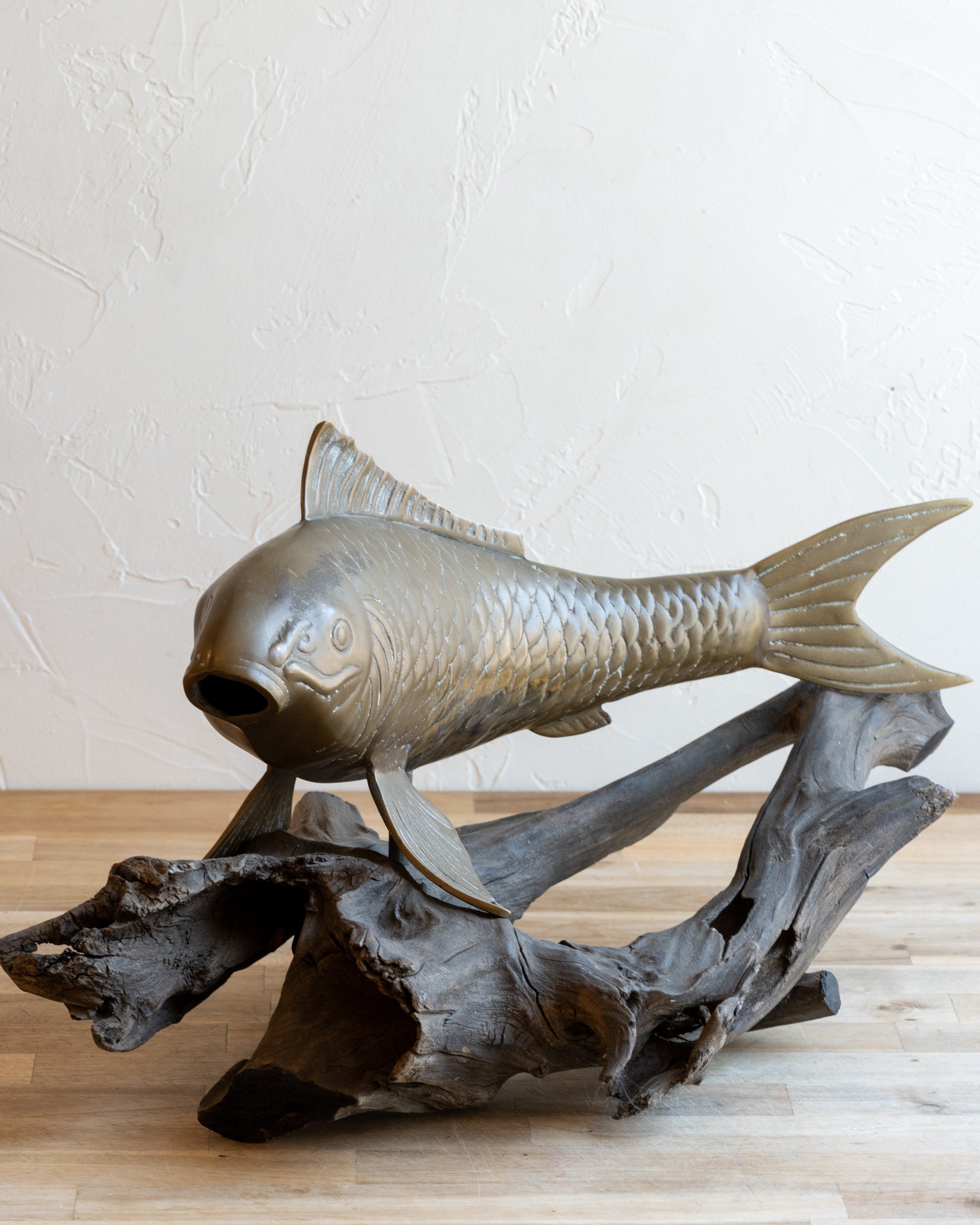 Vintage Brass Koi Fish on Driftwood Base