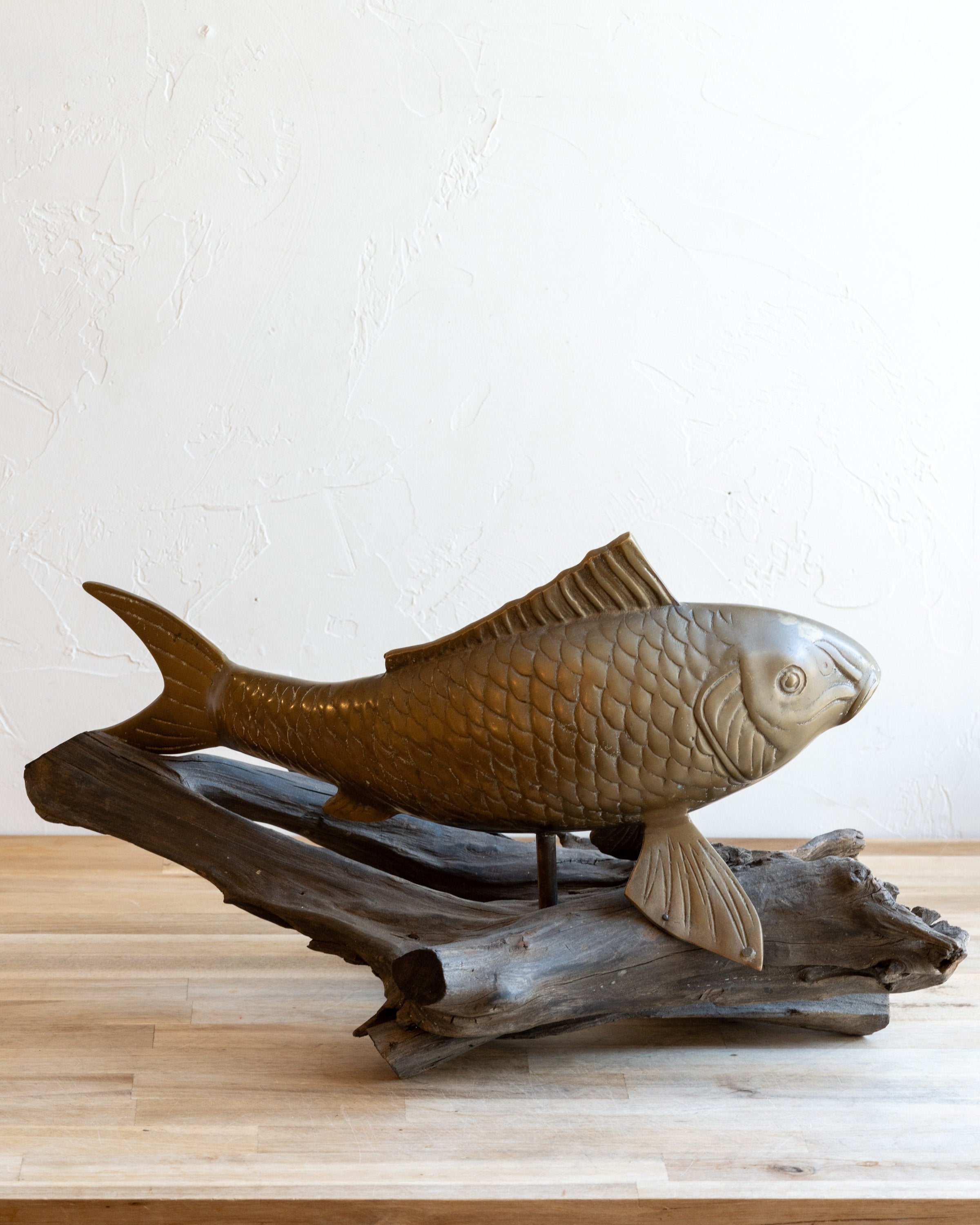 Vintage Brass Koi Fish on Driftwood Base
