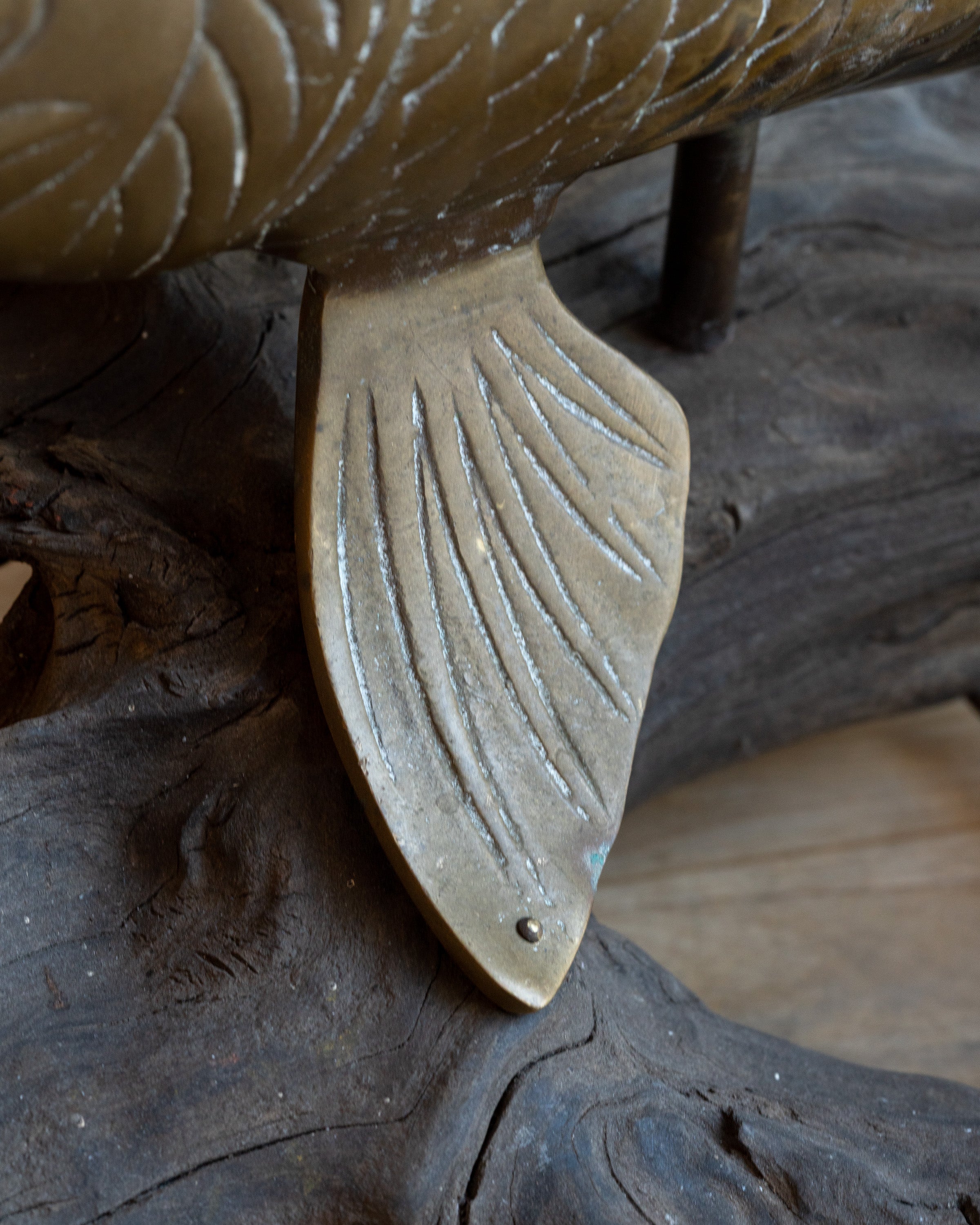 Vintage Brass Koi Fish on Driftwood Base