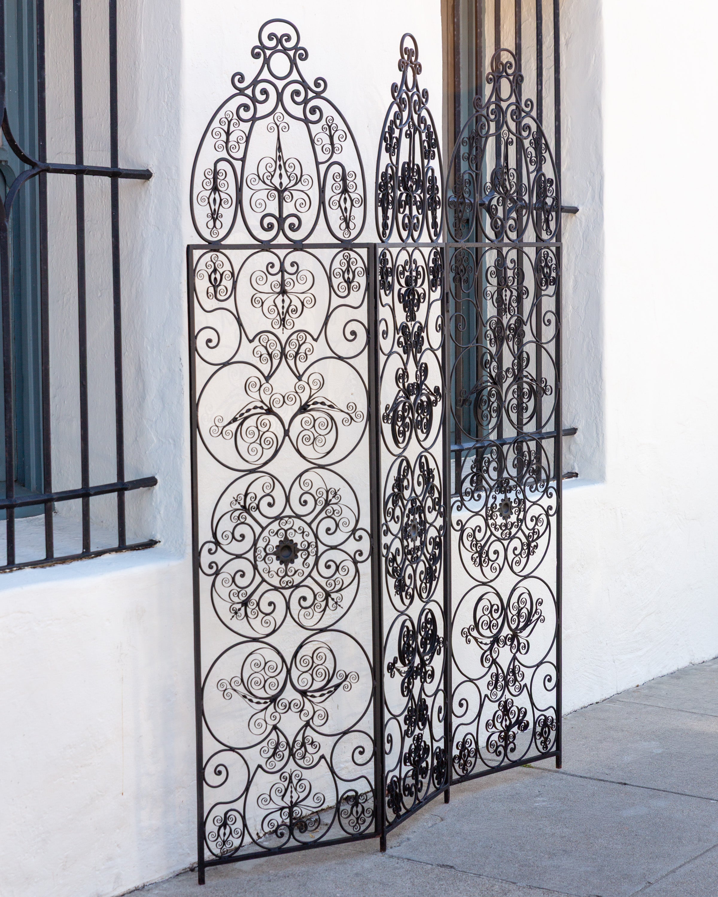 1970s Spanish Wrought Iron 3 Panel Scroll Motif Room Divider