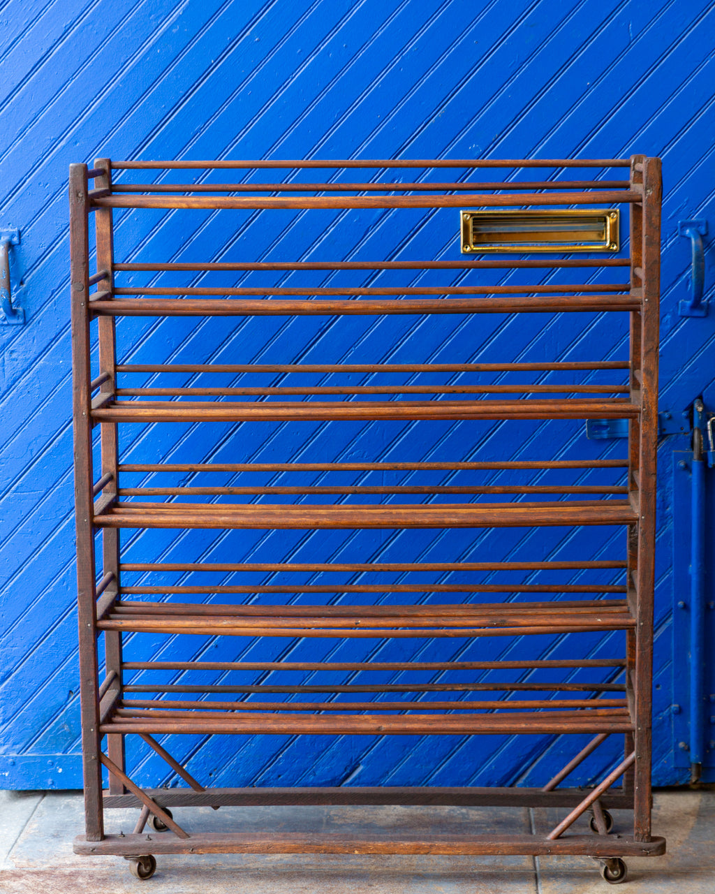 Antique Wood Factory Rolling Shoe Rack