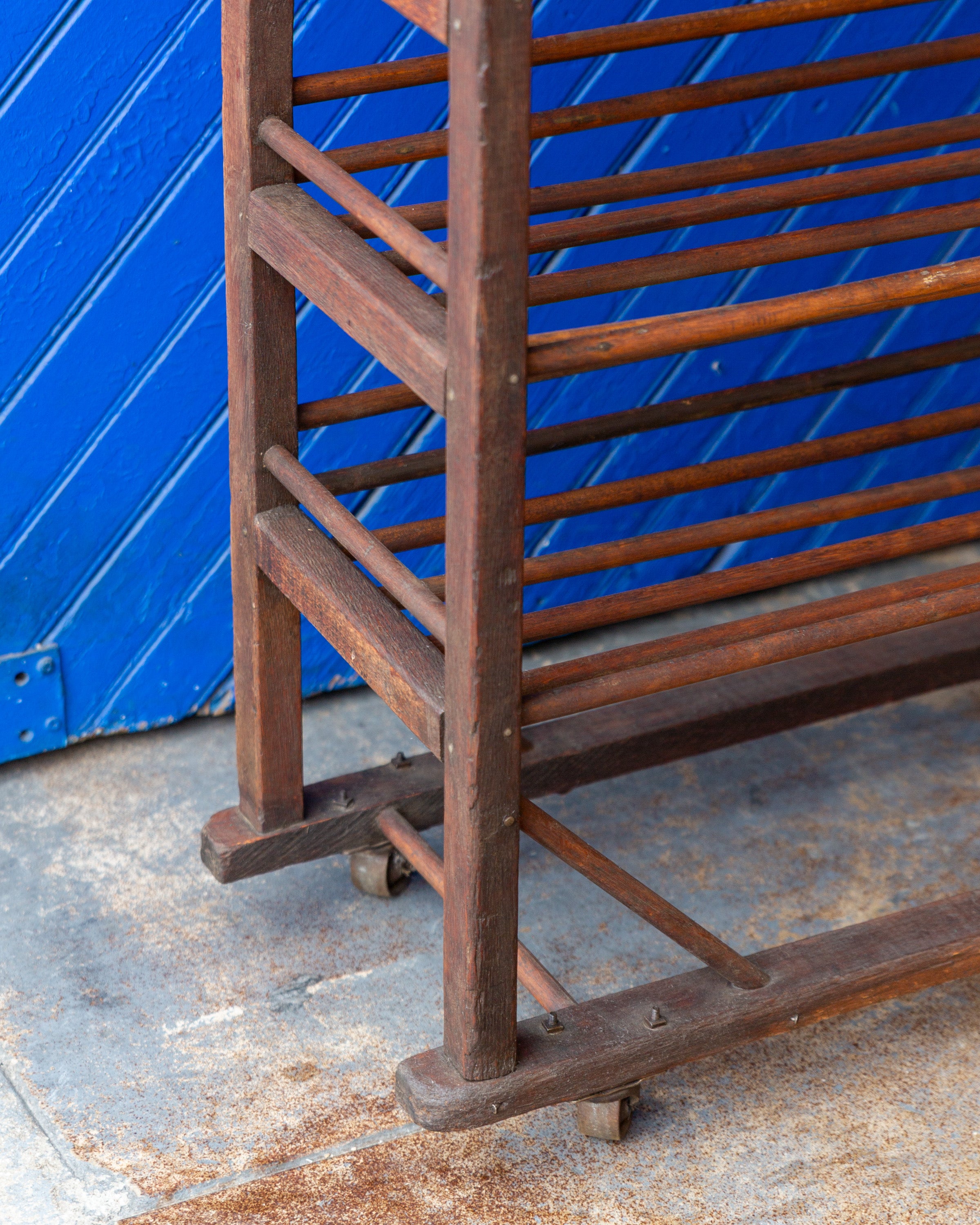 Antique Wood Factory Rolling Shoe Rack