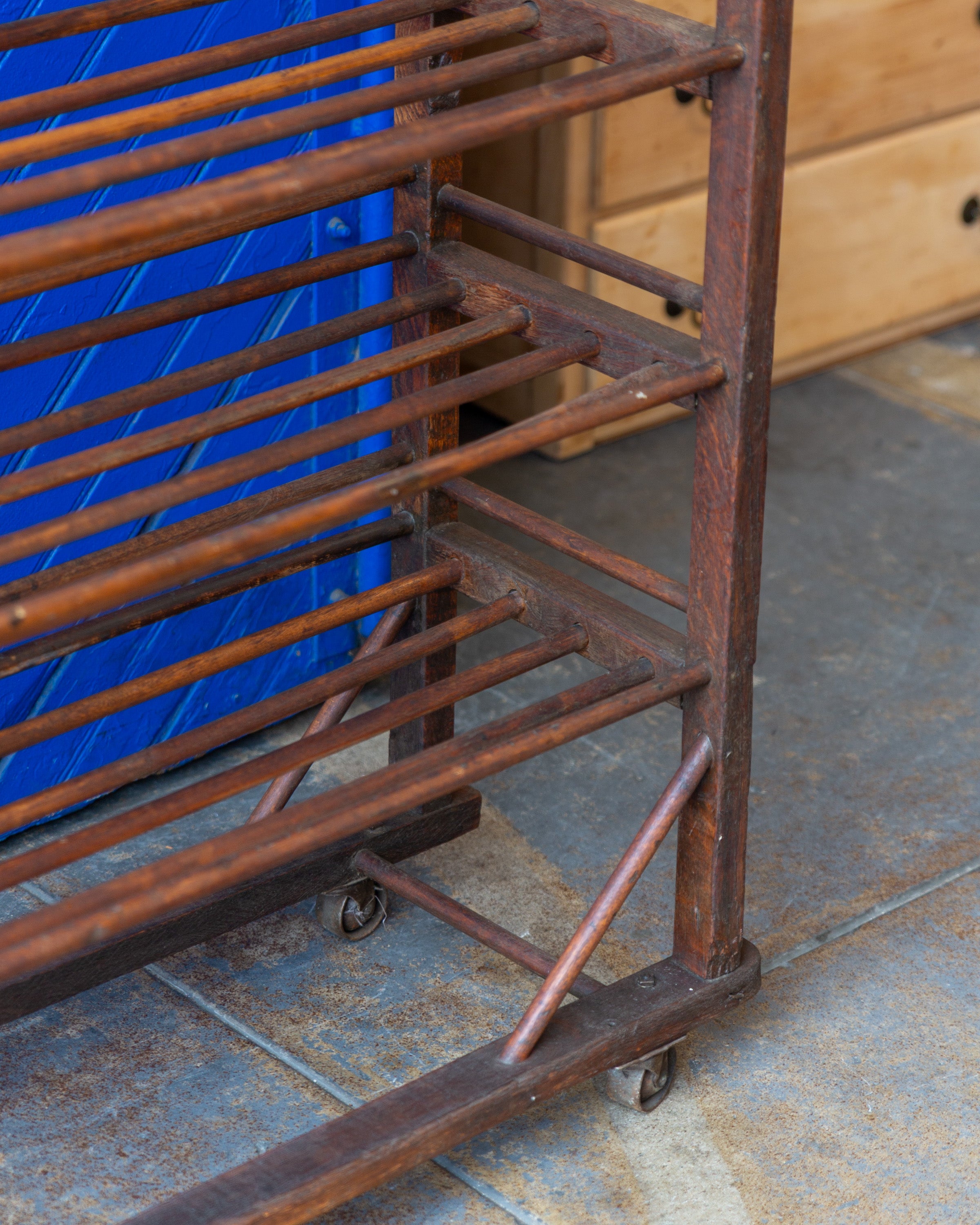 Antique Wood Factory Rolling Shoe Rack