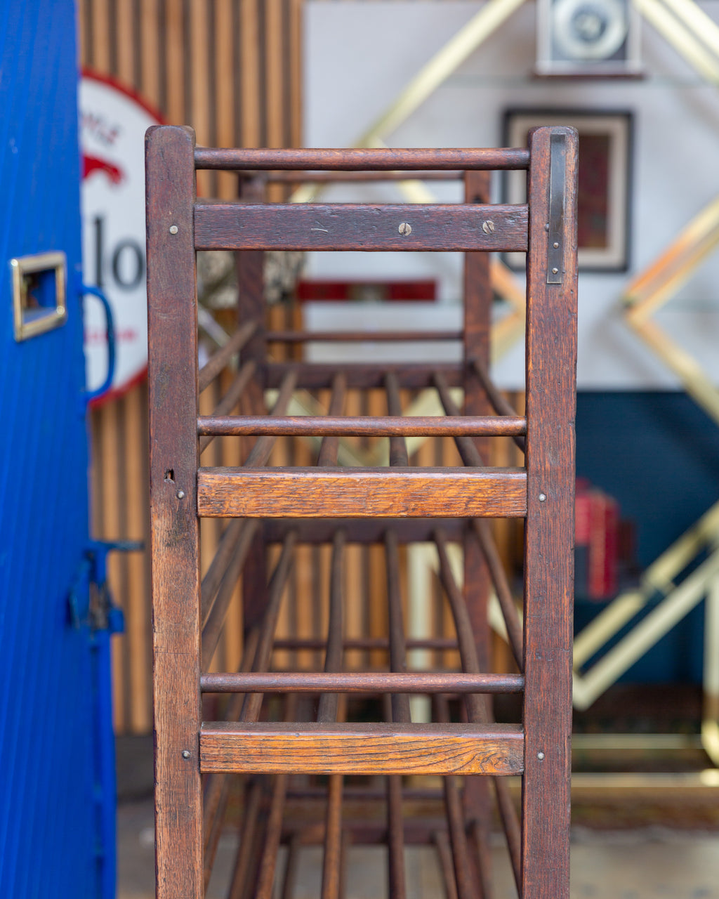 Antique Wood Factory Rolling Shoe Rack