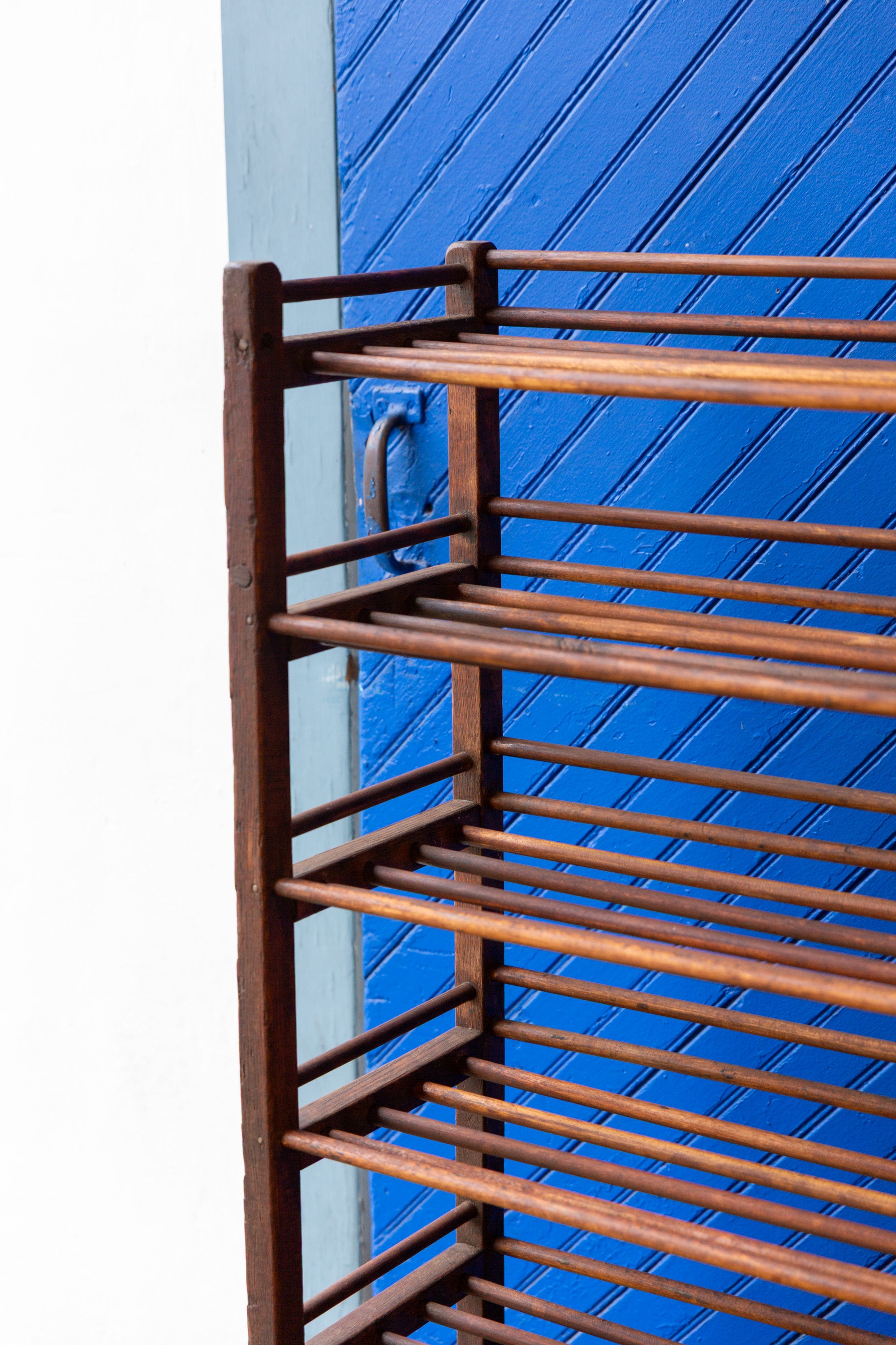 Antique Wood Factory Rolling Shoe Rack
