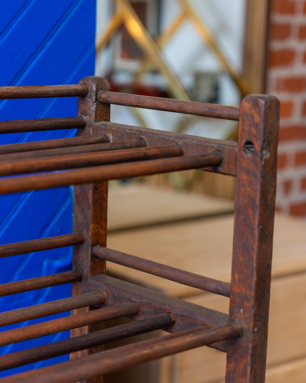 Antique Wood Factory Rolling Shoe Rack