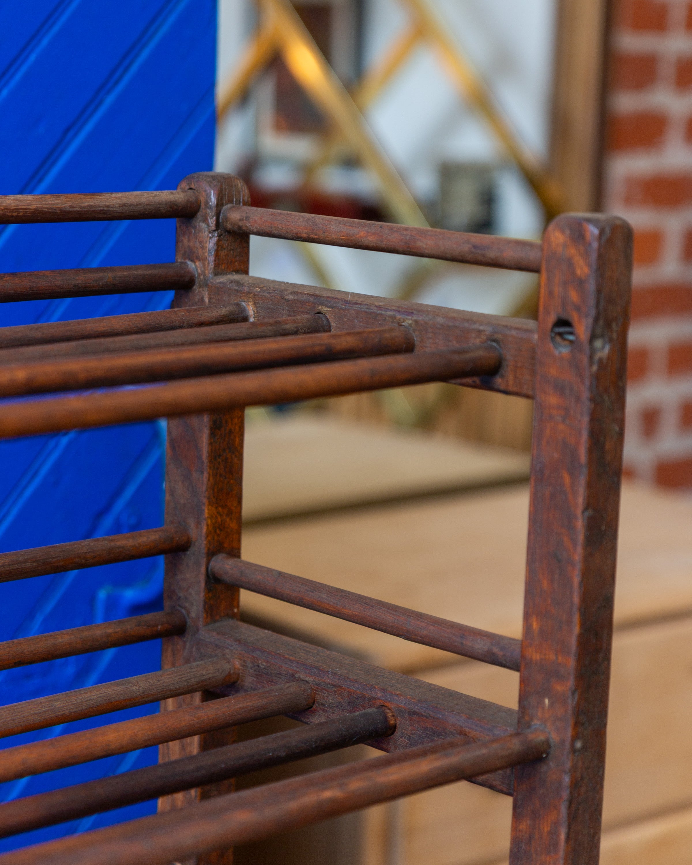 Antique Wood Factory Rolling Shoe Rack