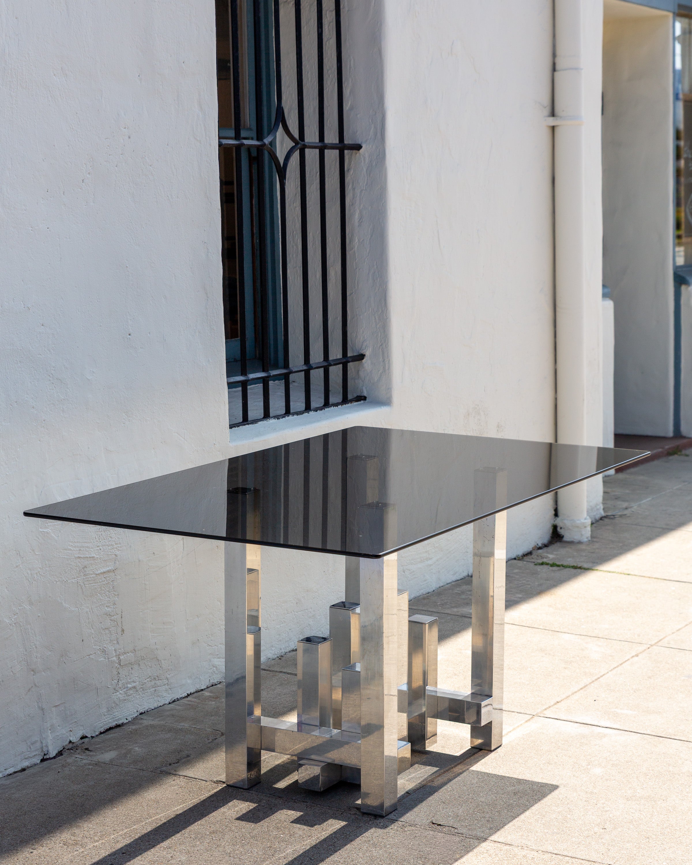 #29 Vintage Paul Mayer for Habitat Aluminum Sculpture Cityscape Dining Table with Smoked Glass Top