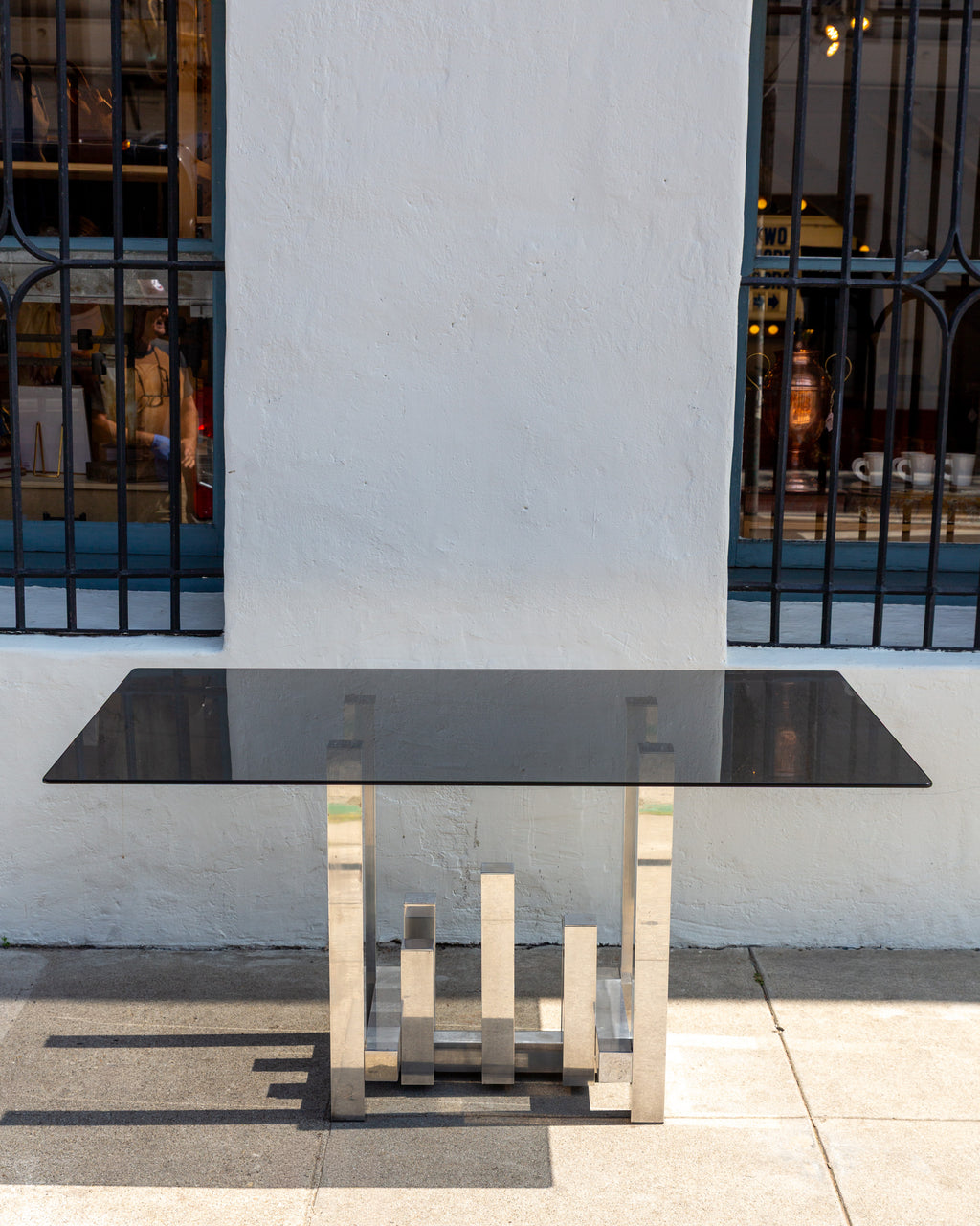 #29 Vintage Paul Mayer for Habitat Aluminum Sculpture Cityscape Dining Table with Smoked Glass Top