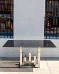 #29 Vintage Paul Mayer for Habitat Aluminum Sculpture Cityscape Dining Table with Smoked Glass Top