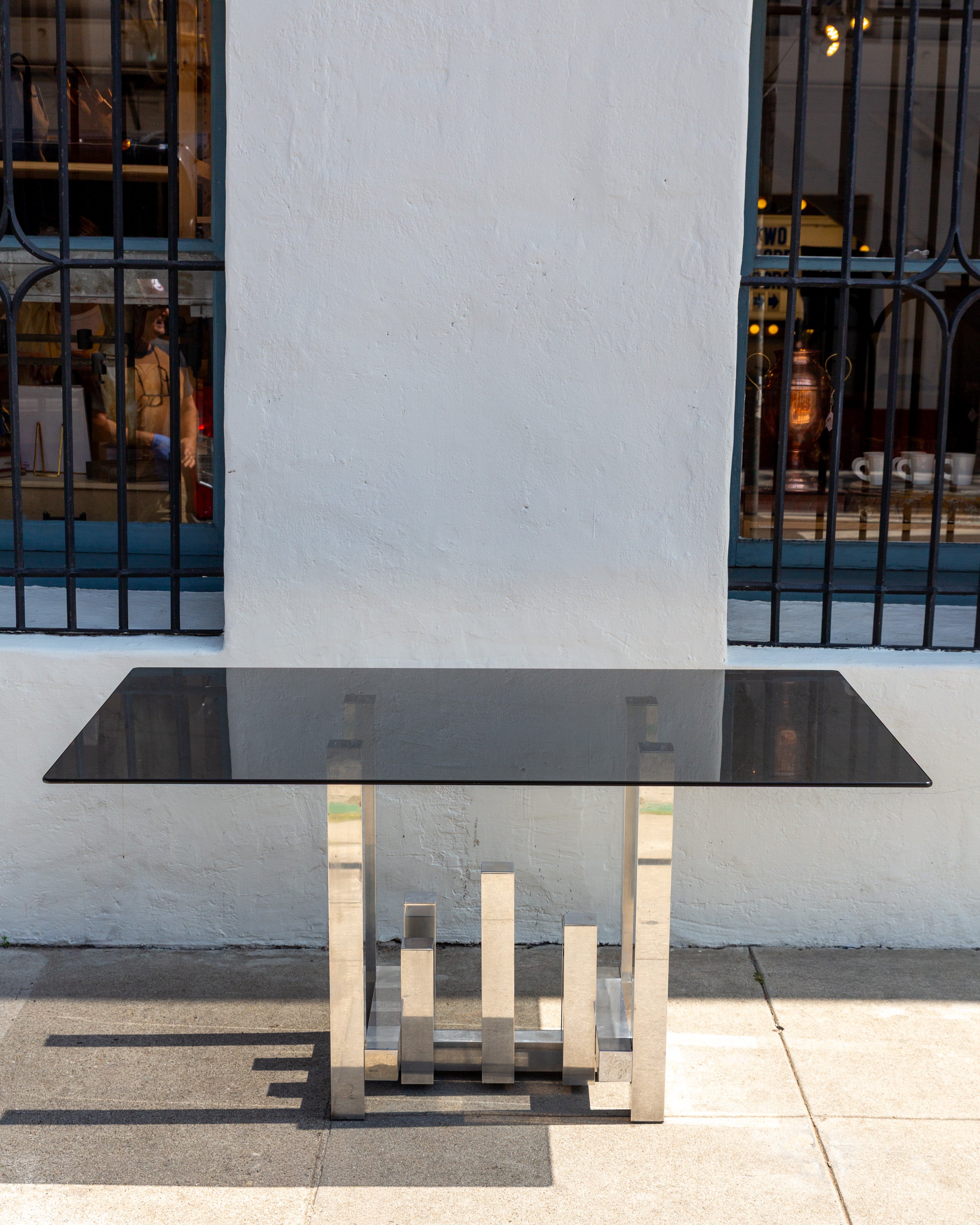 #29 Vintage Paul Mayer for Habitat Aluminum Sculpture Cityscape Dining Table with Smoked Glass Top