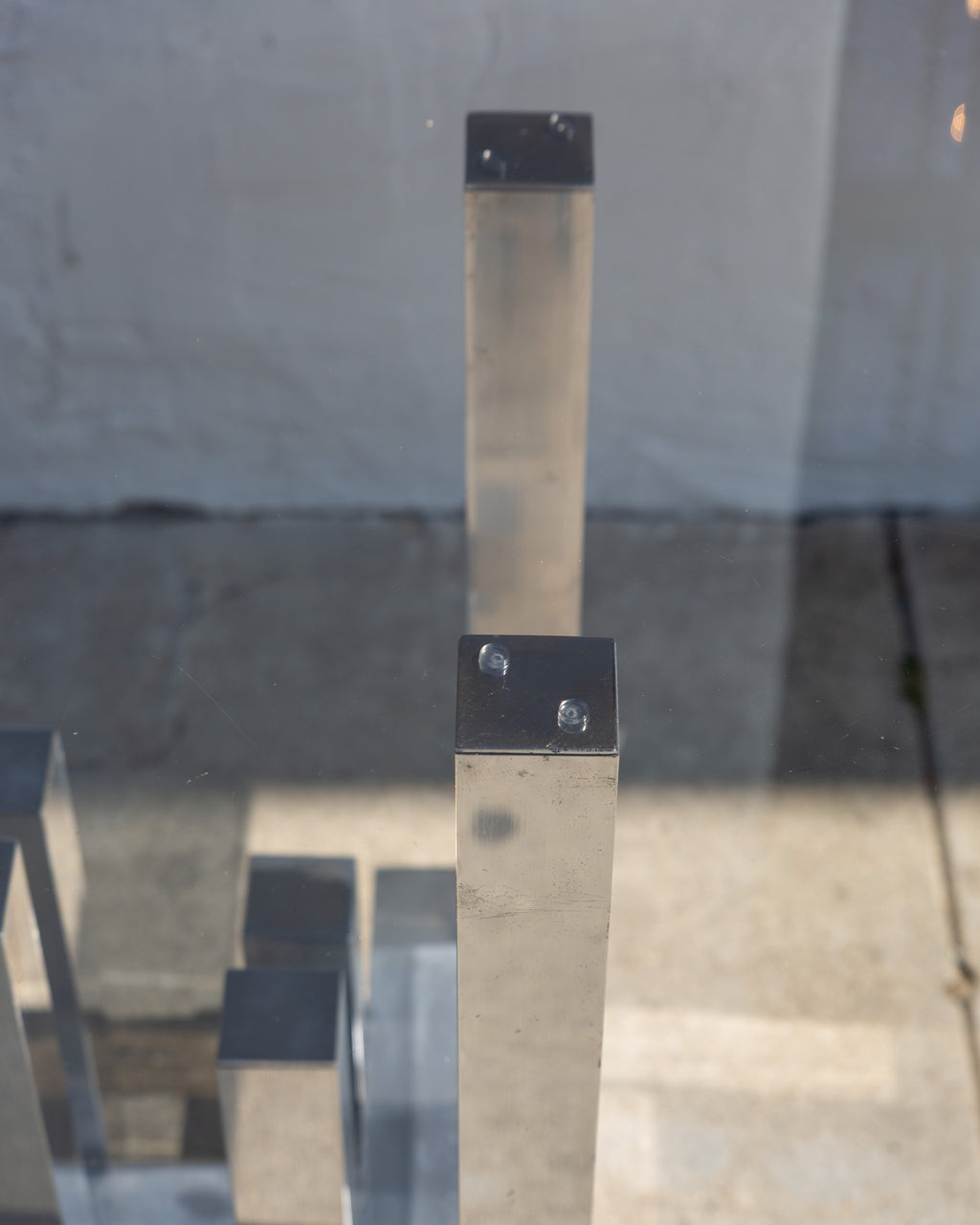 #29 Vintage Paul Mayer for Habitat Aluminum Sculpture Cityscape Dining Table with Smoked Glass Top