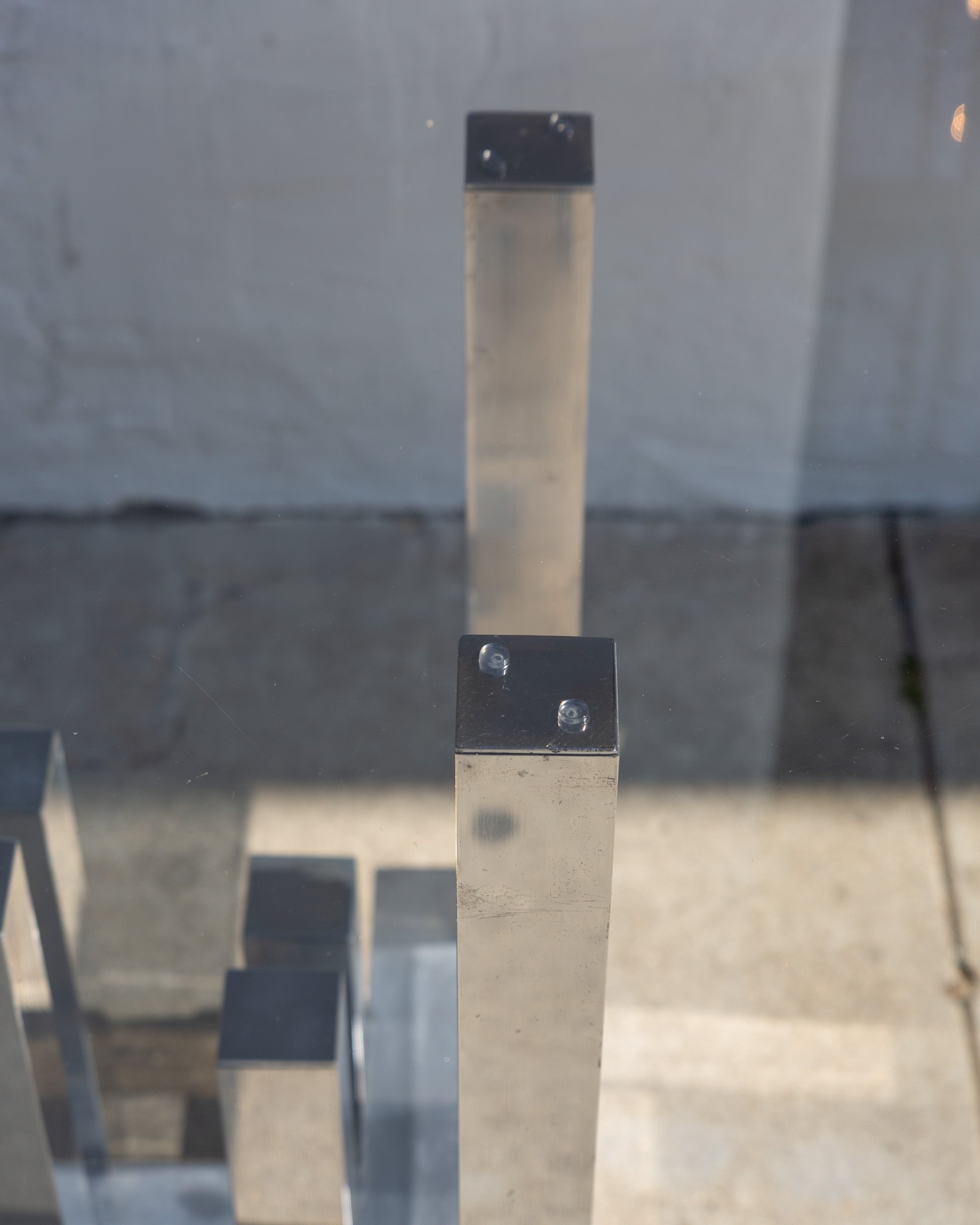 #29 Vintage Paul Mayer for Habitat Aluminum Sculpture Cityscape Dining Table with Smoked Glass Top