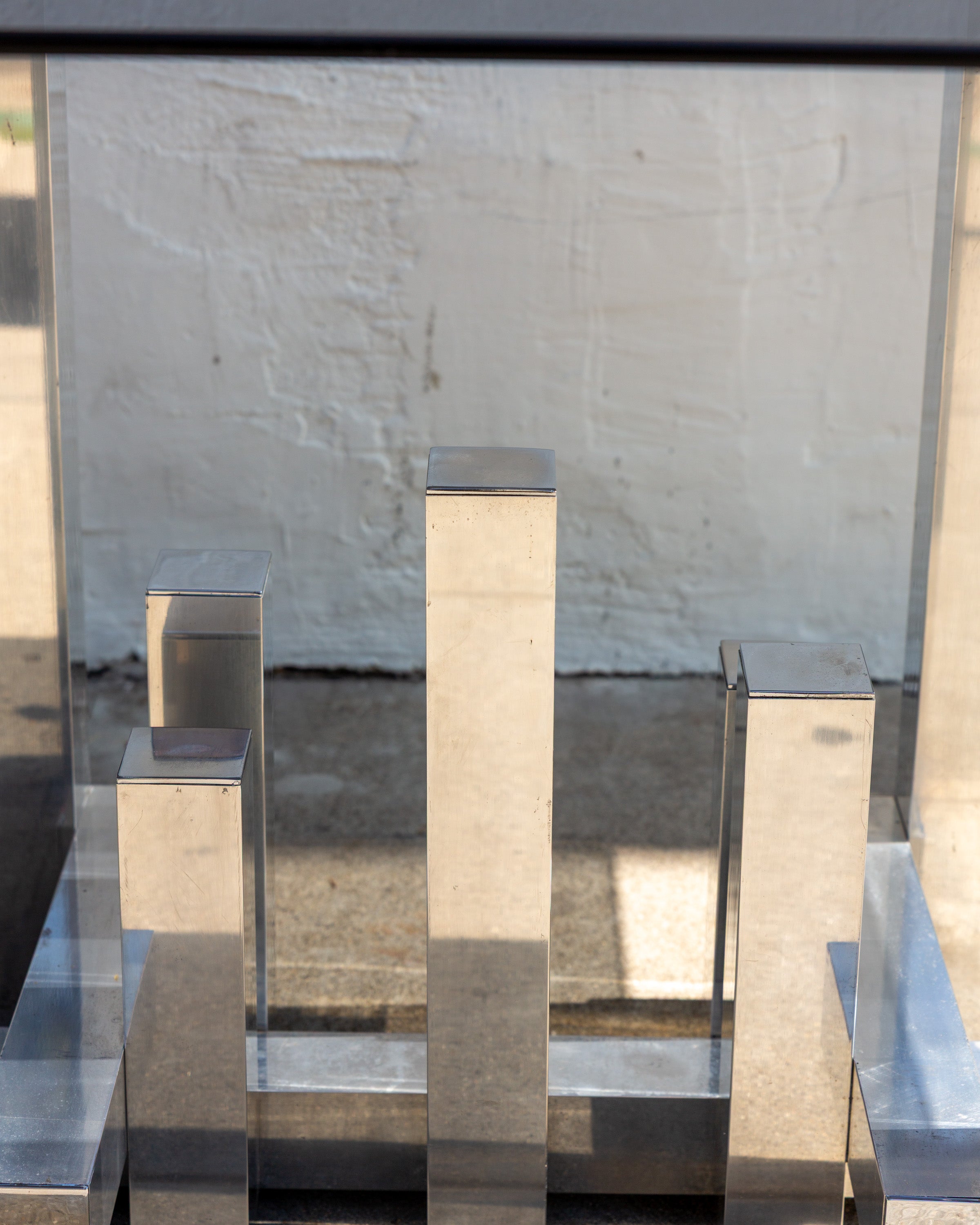 #29 Vintage Paul Mayer for Habitat Aluminum Sculpture Cityscape Dining Table with Smoked Glass Top