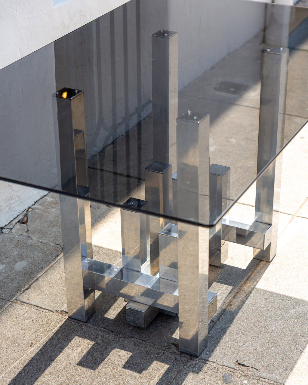#29 Vintage Paul Mayer for Habitat Aluminum Sculpture Cityscape Dining Table with Smoked Glass Top
