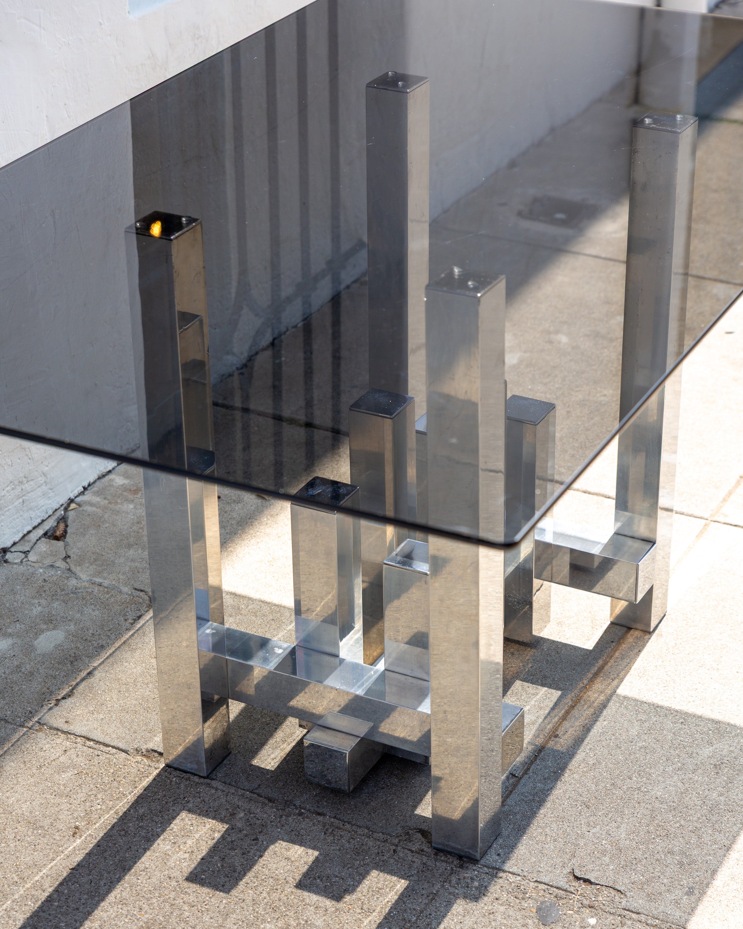 #29 Vintage Paul Mayer for Habitat Aluminum Sculpture Cityscape Dining Table with Smoked Glass Top