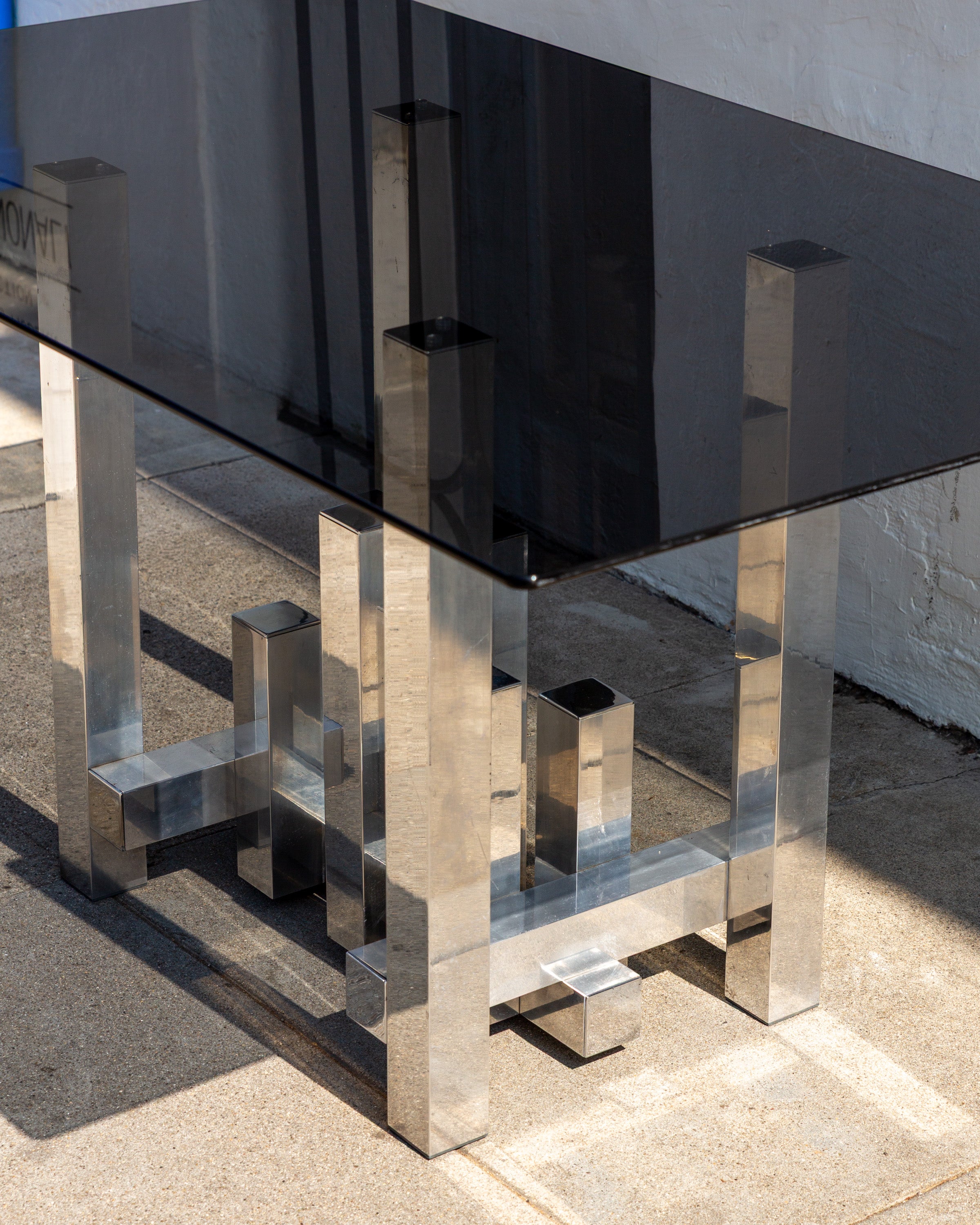 #29 Vintage Paul Mayer for Habitat Aluminum Sculpture Cityscape Dining Table with Smoked Glass Top