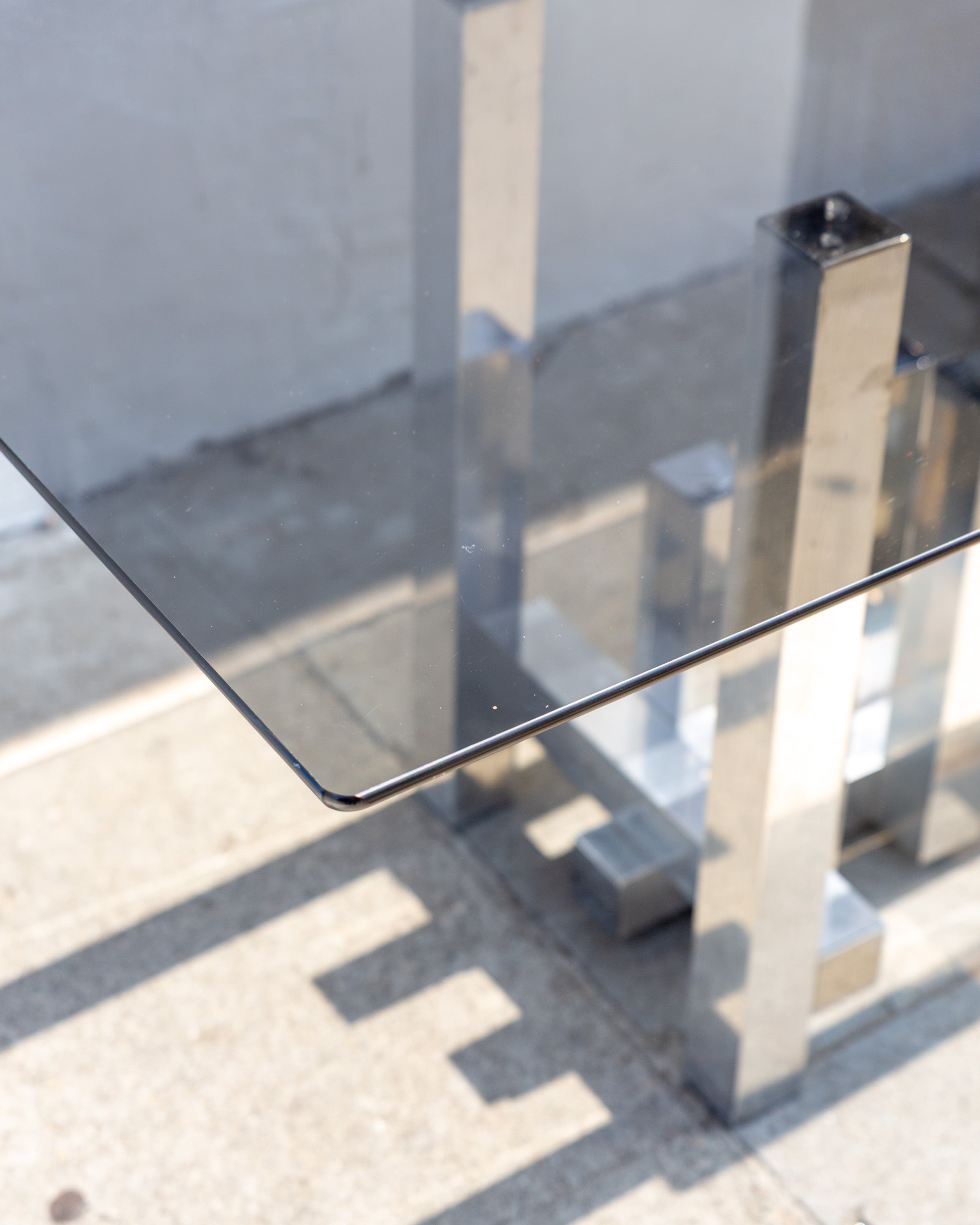 #29 Vintage Paul Mayer for Habitat Aluminum Sculpture Cityscape Dining Table with Smoked Glass Top