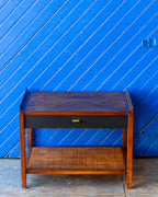 Mid-Century Founders Furniture Walnut End Table with Cane Magazine Shelf