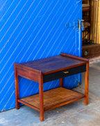 Mid-Century Founders Furniture Walnut End Table with Cane Magazine Shelf