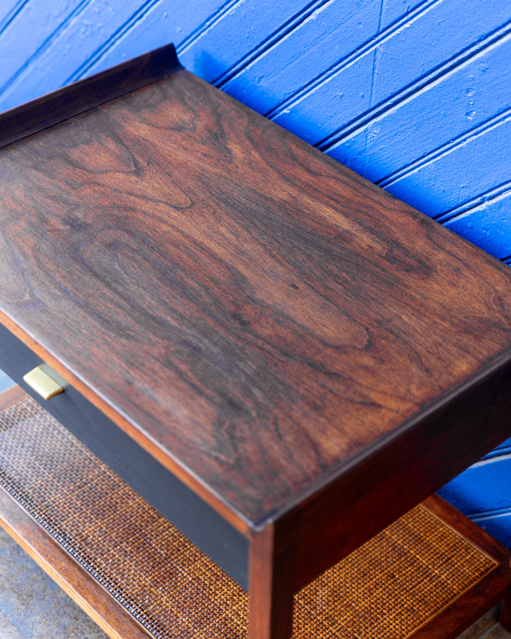 Mid-Century Founders Furniture Walnut End Table with Cane Magazine Shelf