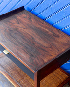 Mid-Century Founders Furniture Walnut End Table with Cane Magazine Shelf