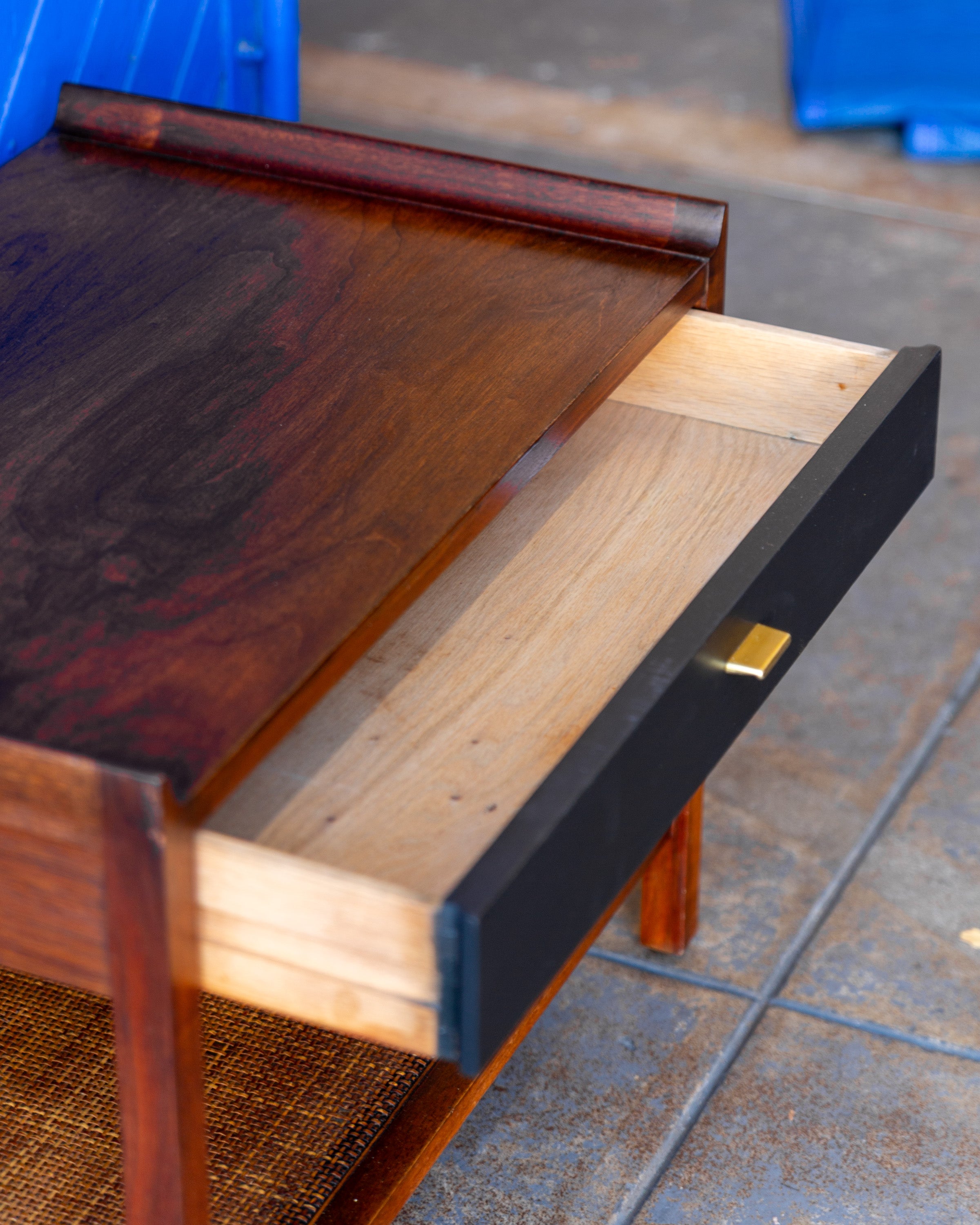 Mid-Century Founders Furniture Walnut End Table with Cane Magazine Shelf