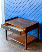 Mid-Century Founders Furniture Walnut End Table with Cane Magazine Shelf