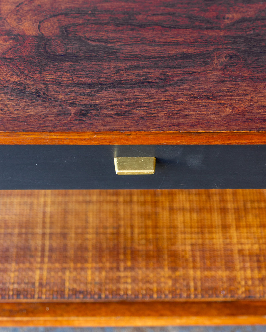 Mid-Century Founders Furniture Walnut End Table with Cane Magazine Shelf