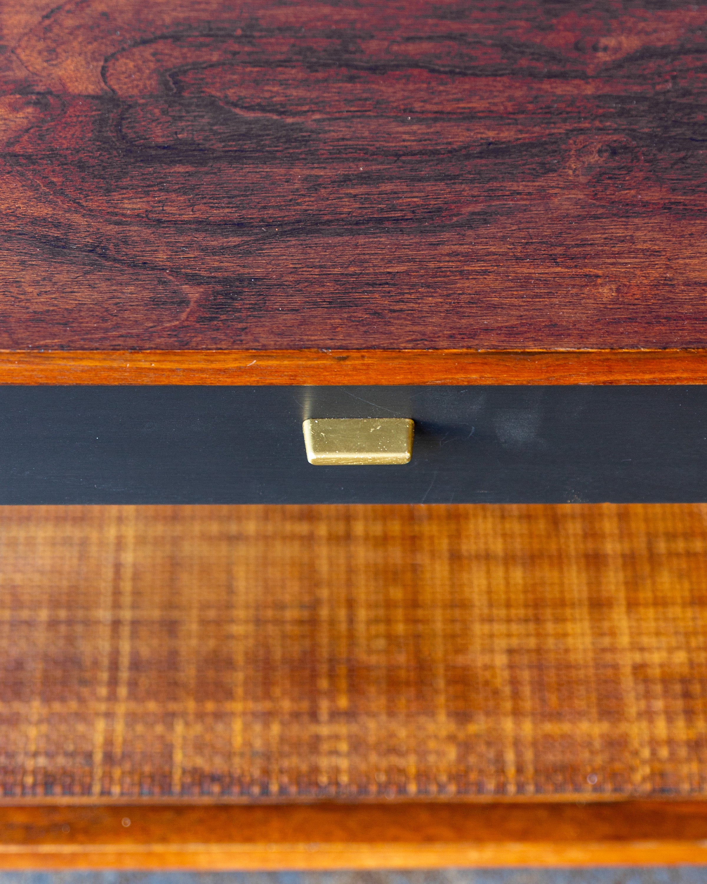 Mid-Century Founders Furniture Walnut End Table with Cane Magazine Shelf