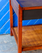 Mid-Century Founders Furniture Walnut End Table with Cane Magazine Shelf