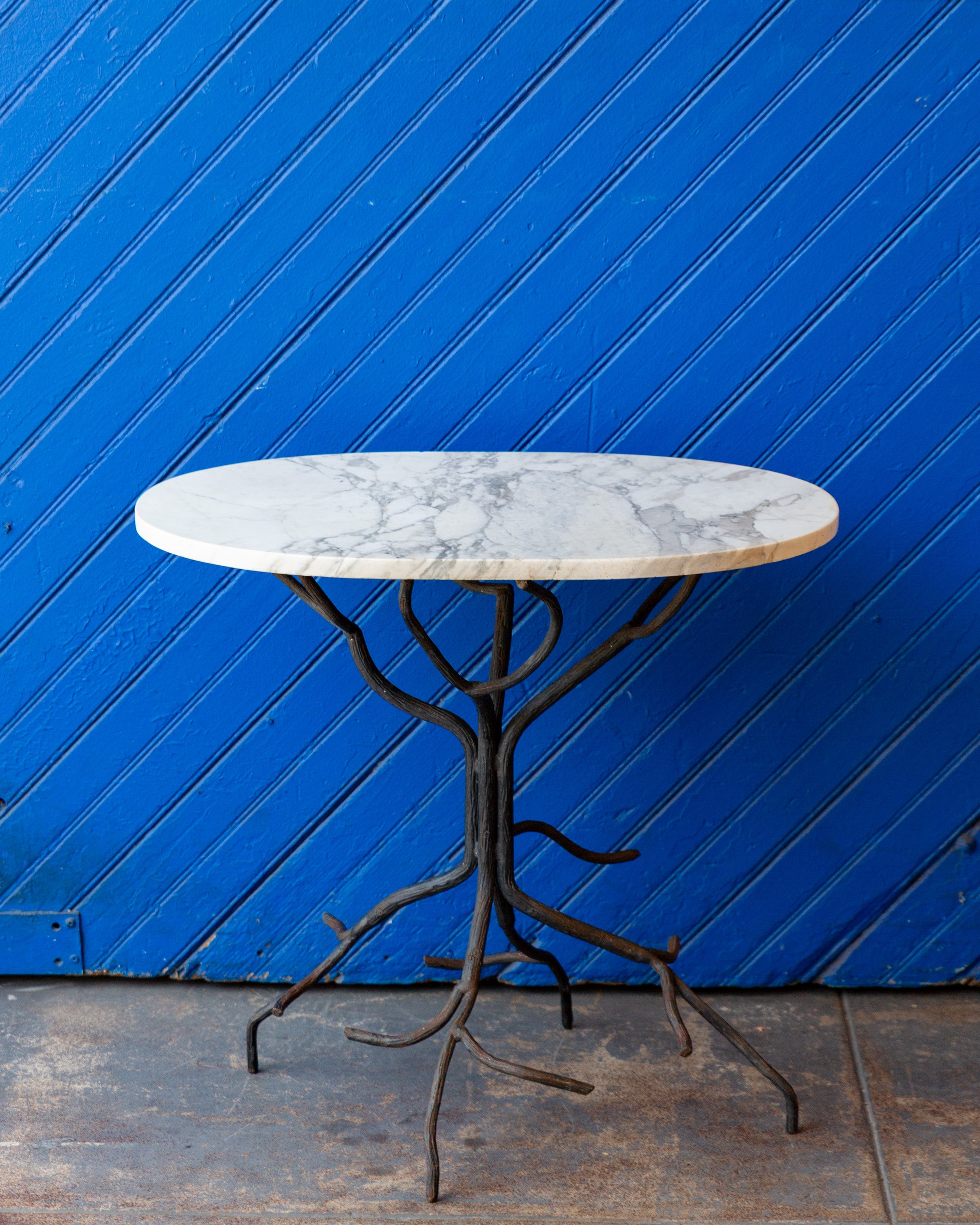 Vintage Hand Forged Iron Tree Branch Table Base with Oval Carrera Marble
