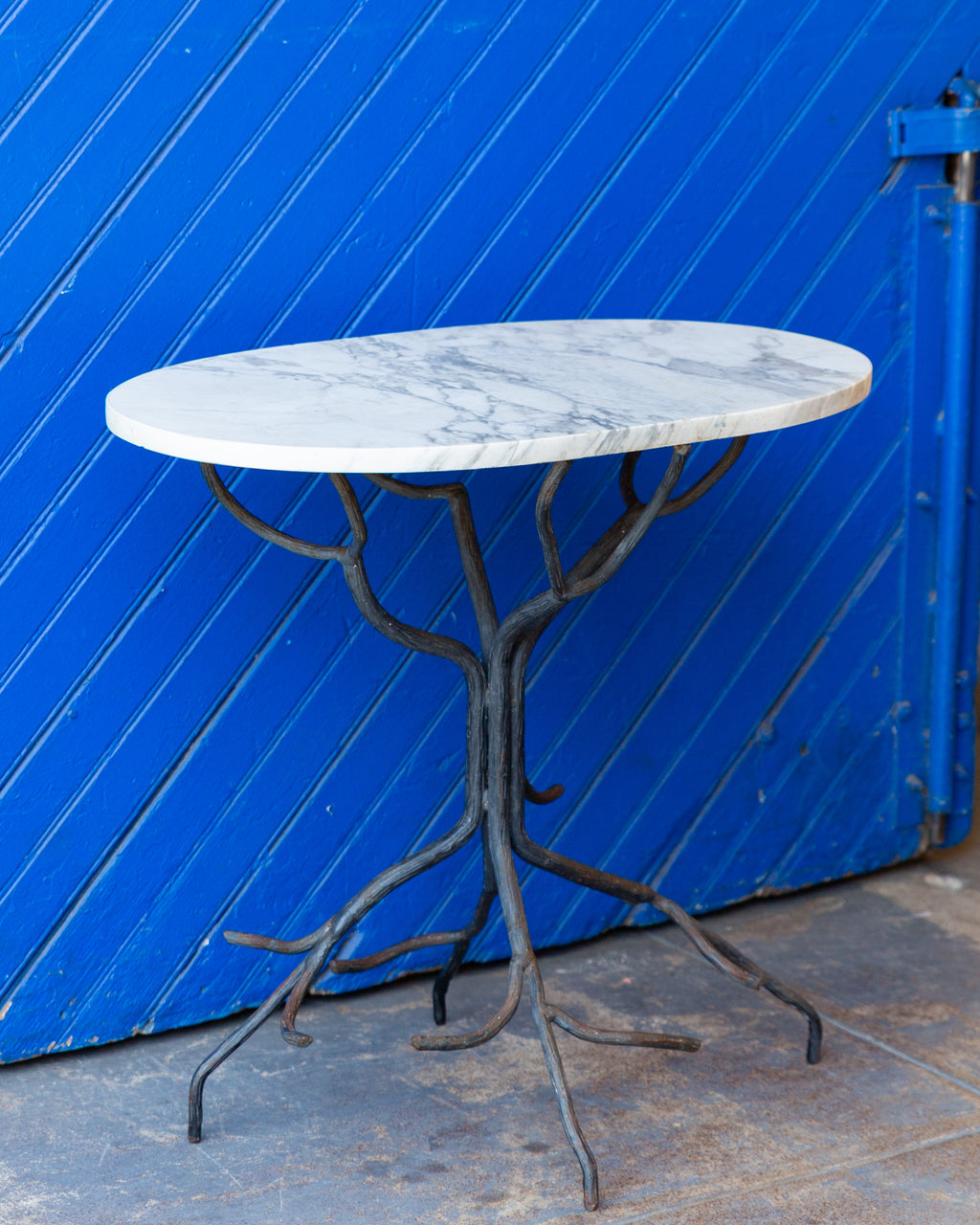 Vintage Hand Forged Iron Tree Branch Table Base with Oval Carrera Marble