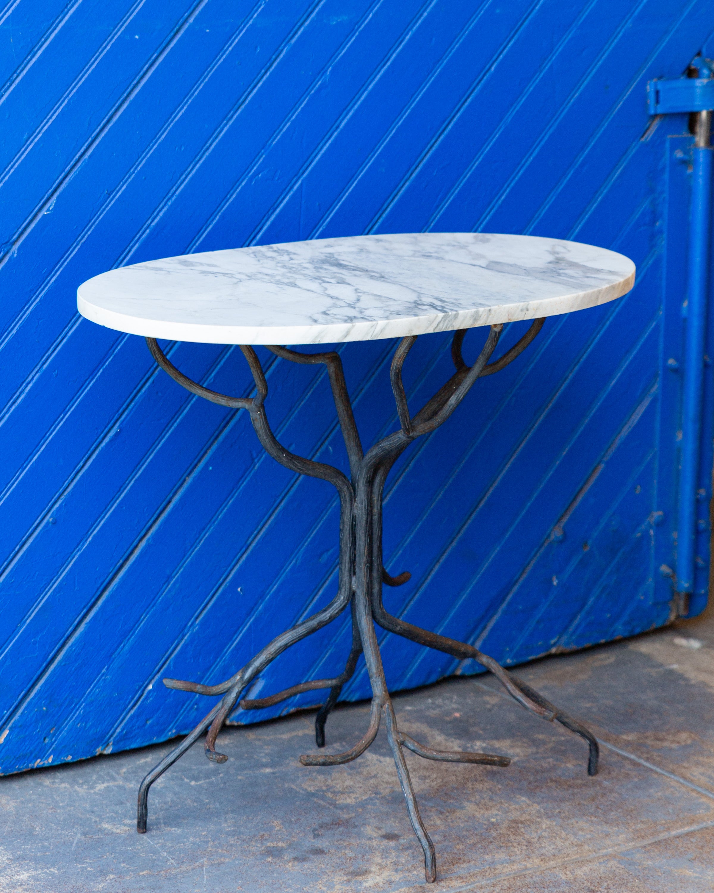 Vintage Hand Forged Iron Tree Branch Table Base with Oval Carrera Marble