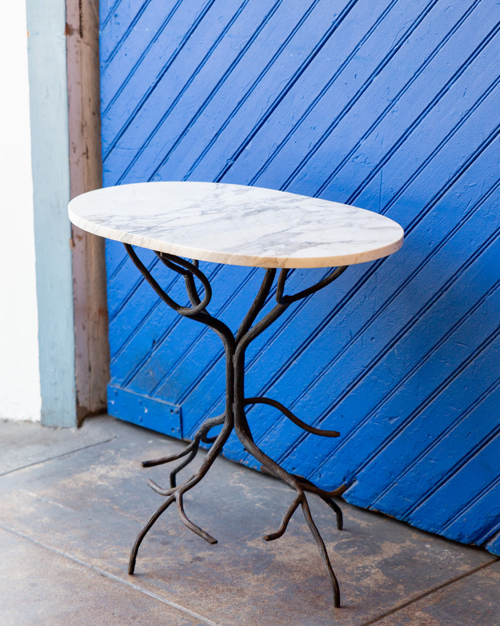Vintage Hand Forged Iron Tree Branch Table Base with Oval Carrera Marble