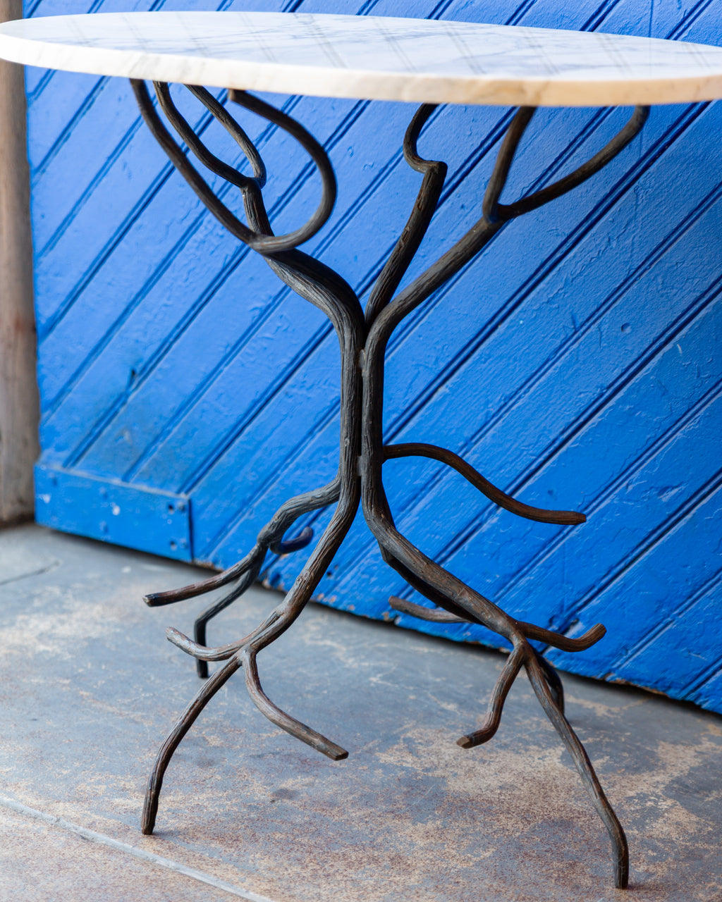 Vintage Hand Forged Iron Tree Branch Table Base with Oval Carrera Marble