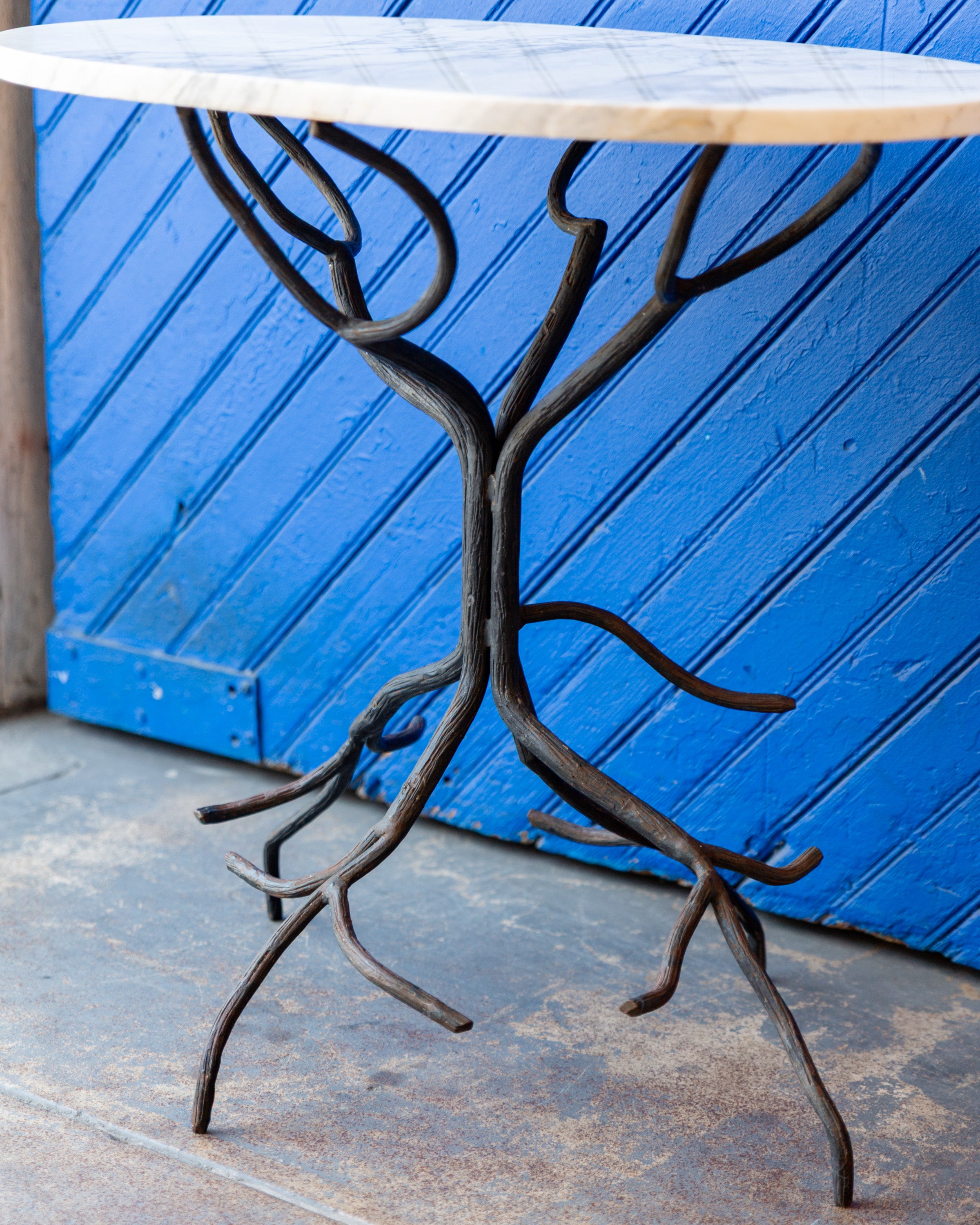Vintage Hand Forged Iron Tree Branch Table Base with Oval Carrera Marble