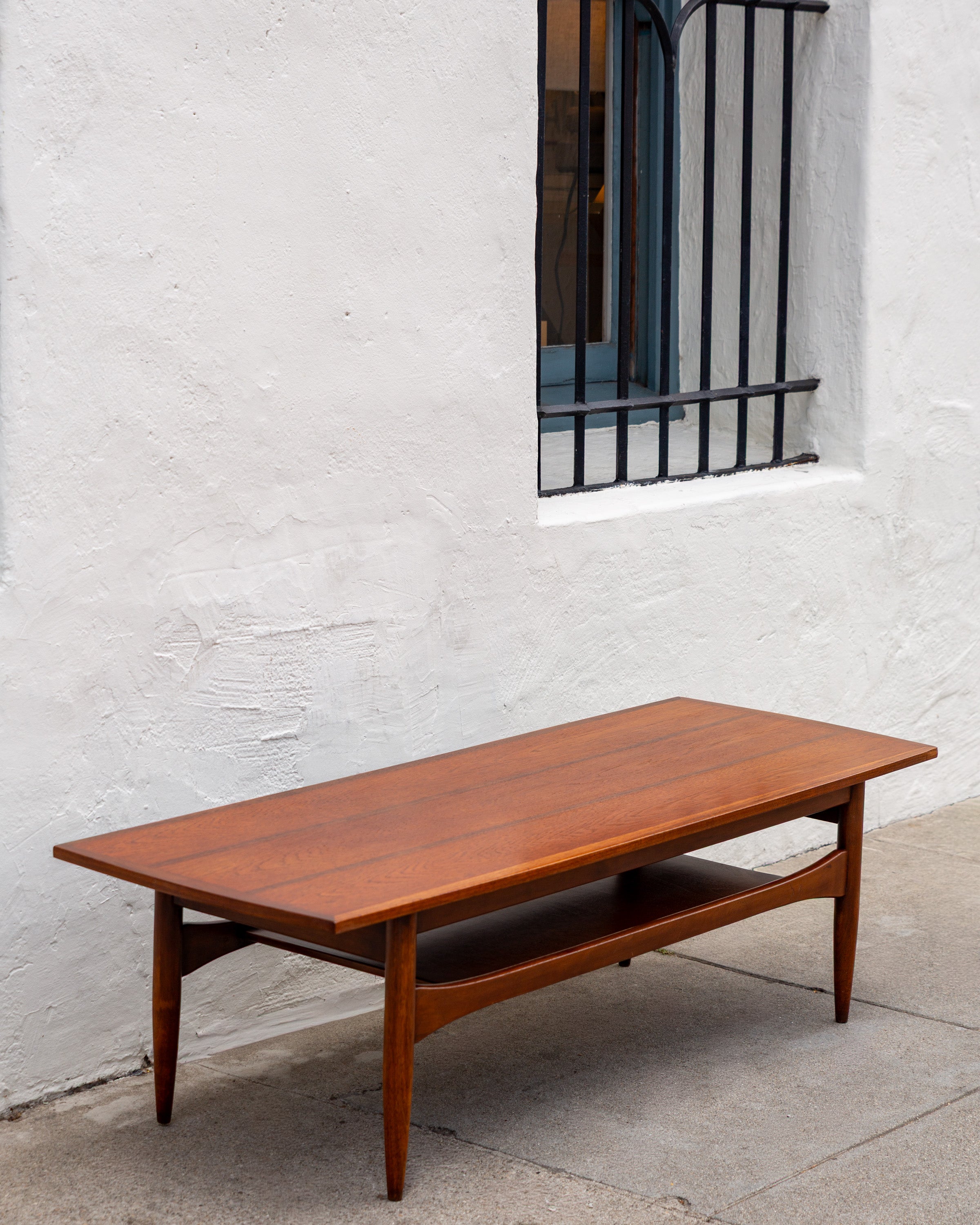 Mid Century Inlaid Walnut and Mahogany Coffee Table with Shelf