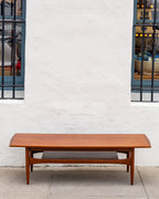 Mid Century Inlaid Walnut and Mahogany Coffee Table with Shelf