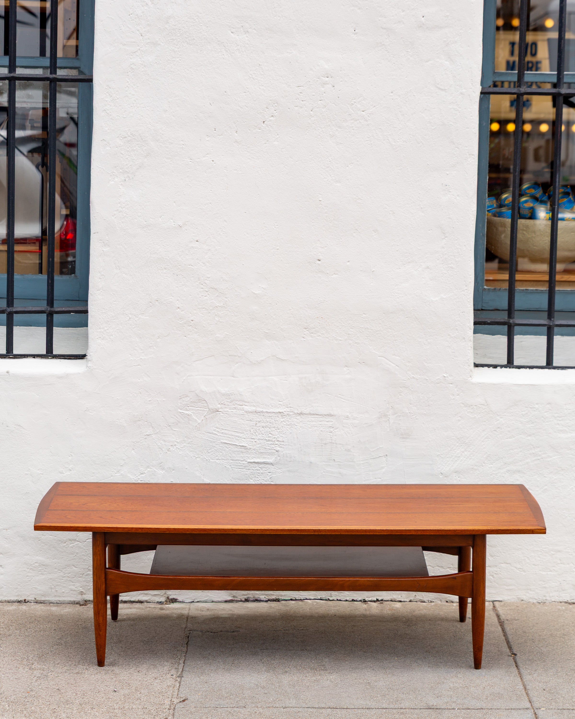 Mid Century Inlaid Walnut and Mahogany Coffee Table with Shelf