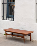 Mid Century Inlaid Walnut and Mahogany Coffee Table with Shelf