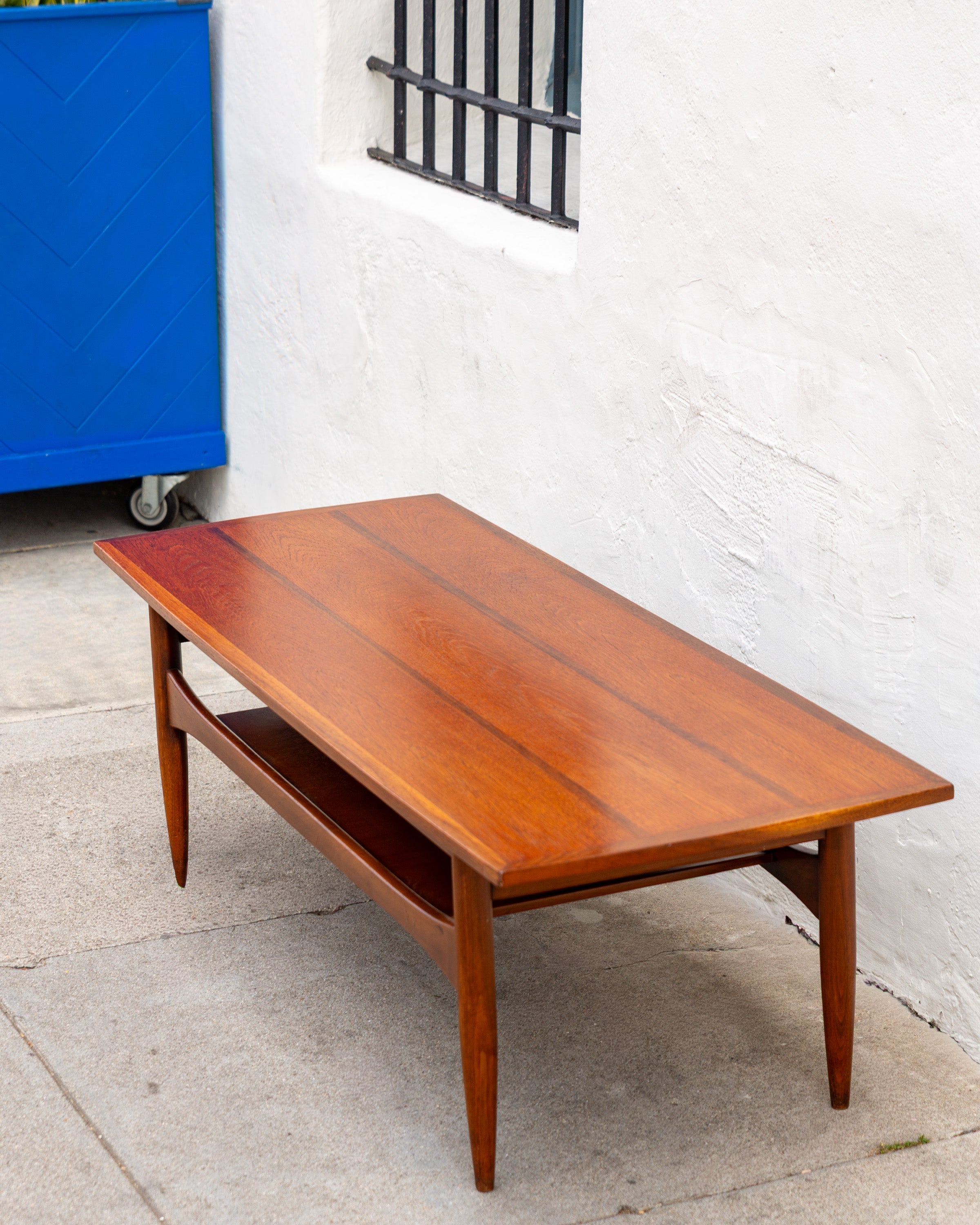Mid Century Inlaid Walnut and Mahogany Coffee Table with Shelf
