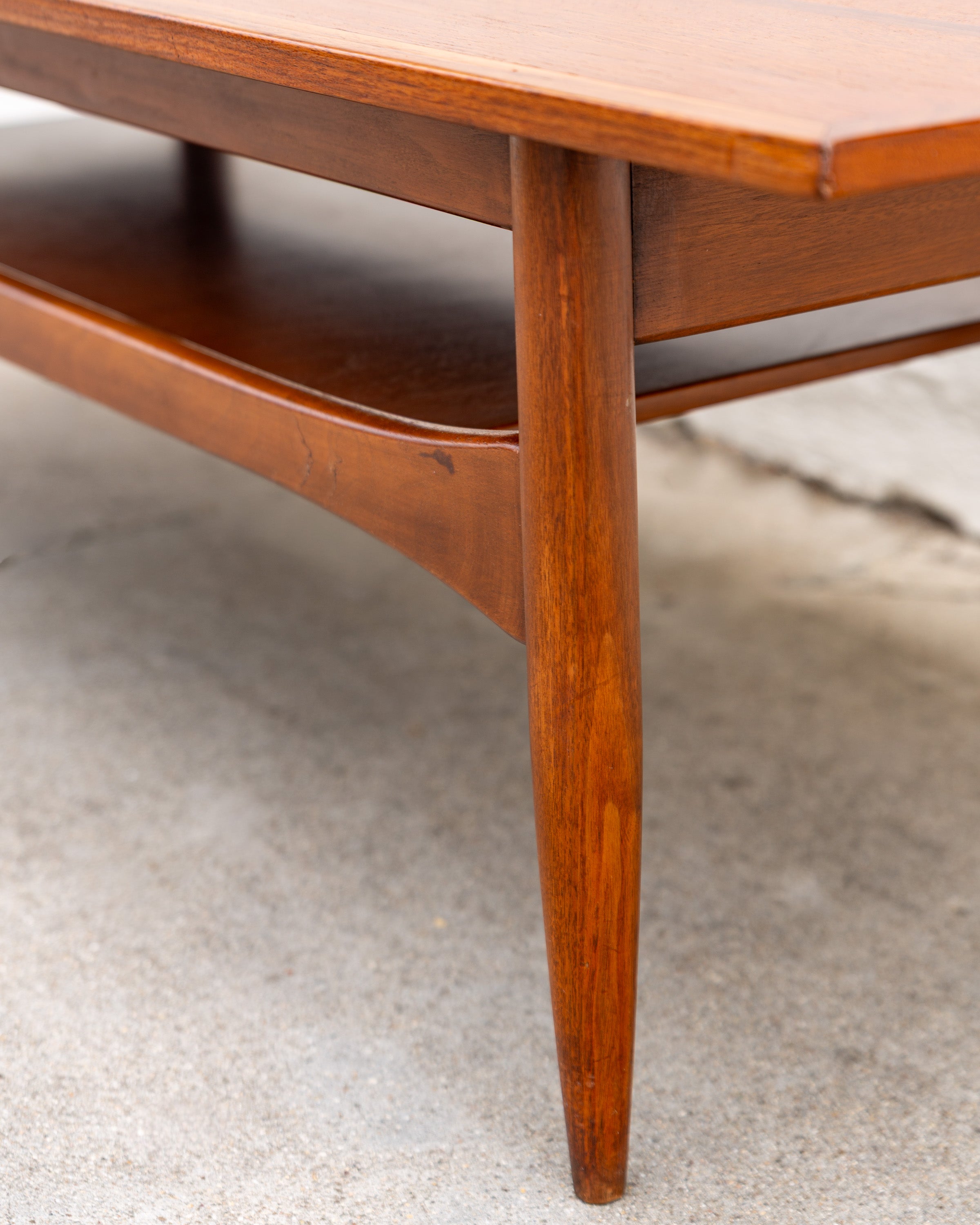 Mid Century Inlaid Walnut and Mahogany Coffee Table with Shelf