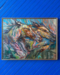 Expressionist acrylic painting of horses in motion, signed Moe, in a gilt frame