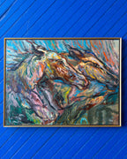 Expressionist acrylic painting of horses in motion, signed Moe, in a gilt frame