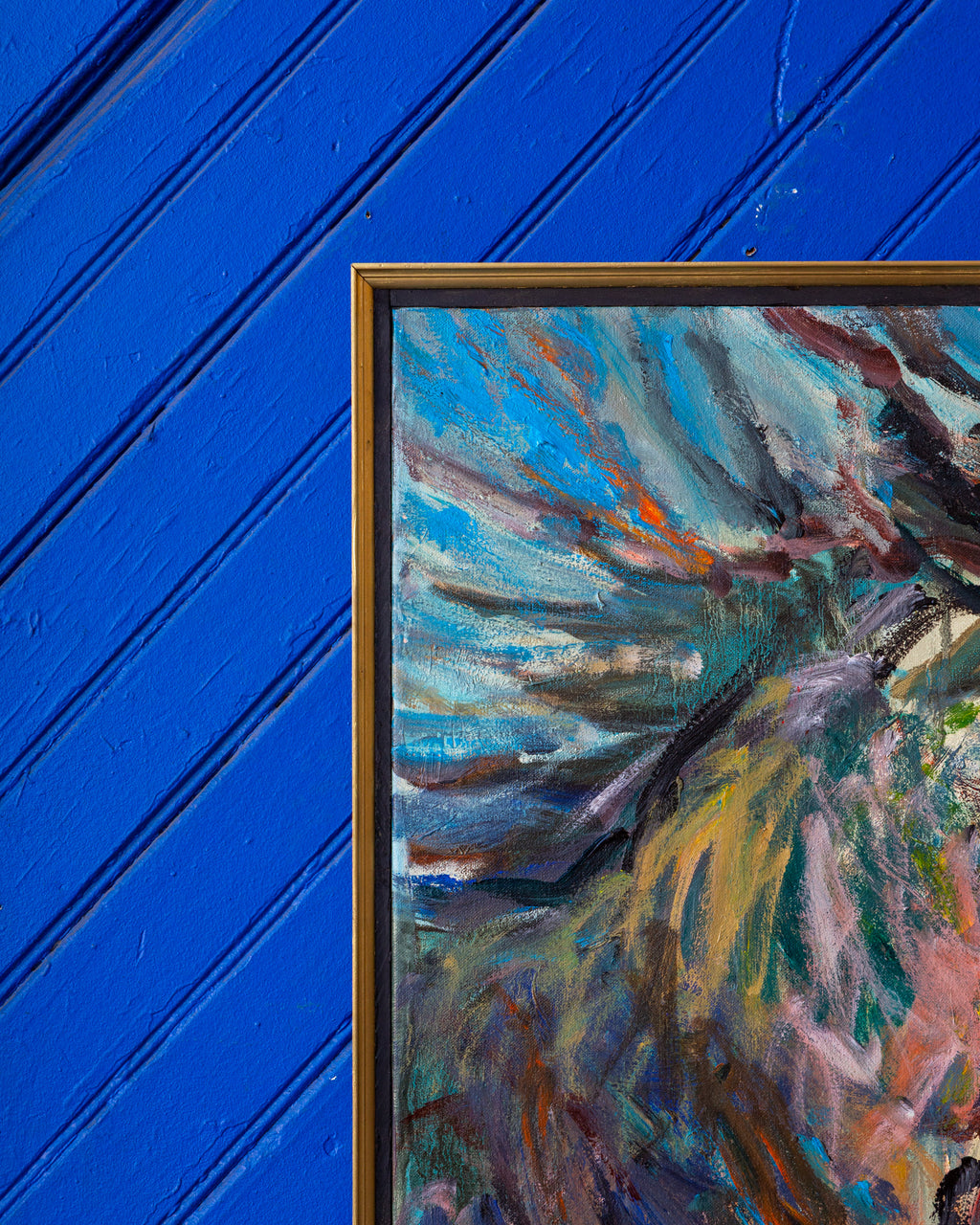Expressionist Acrylic on Canvas Titled "Blue Horses" Signed by Moe